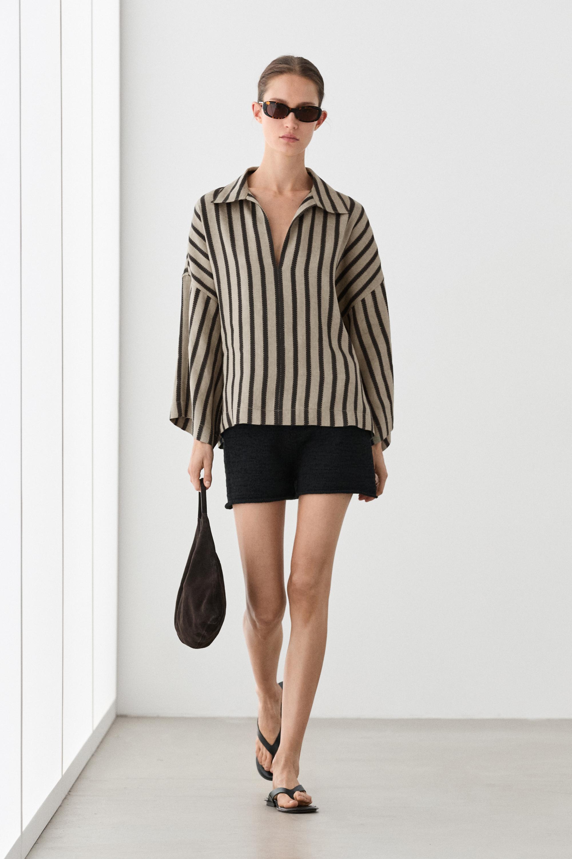 Oversize striped linen blend blouse