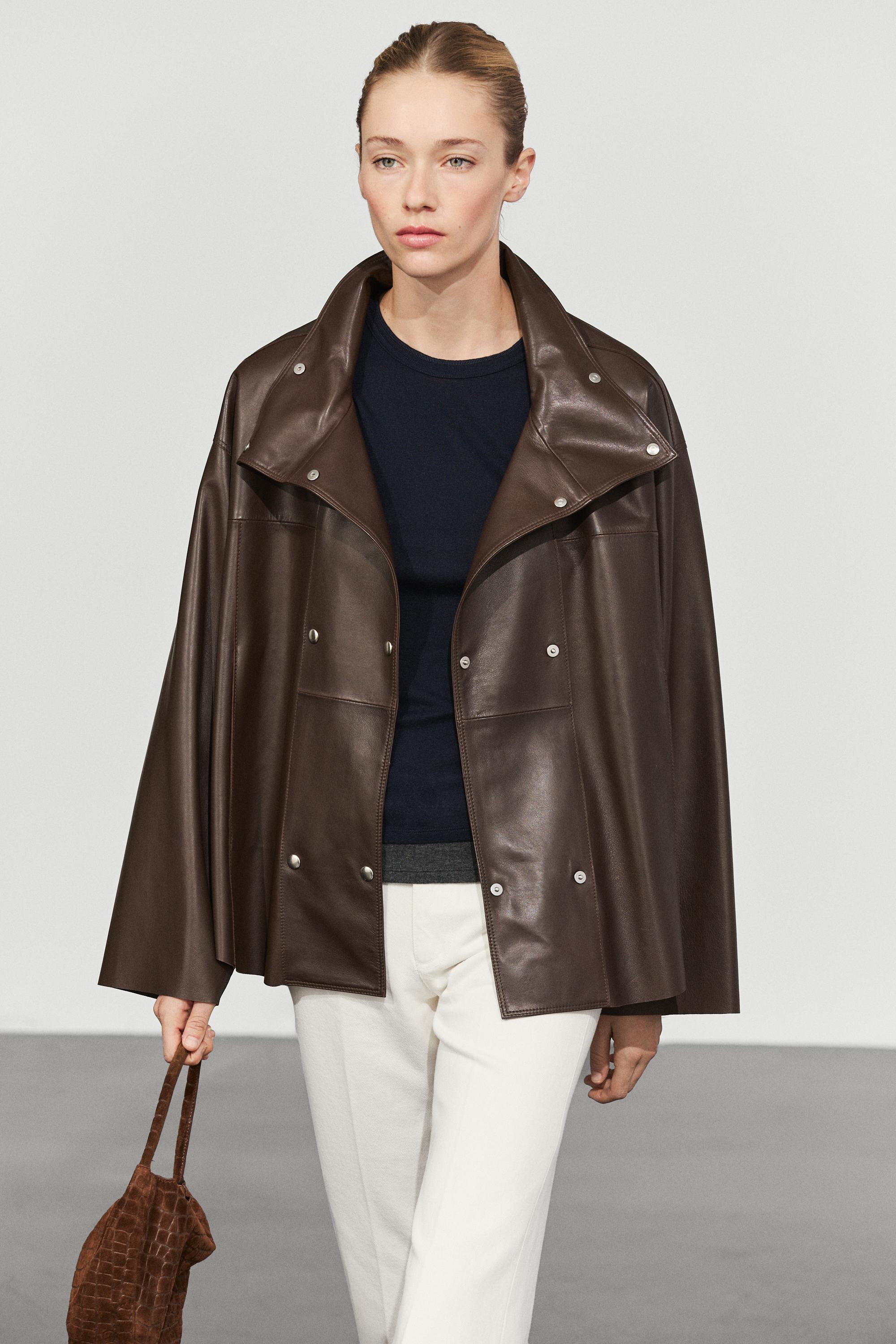 Nappa leather button-placket jacket