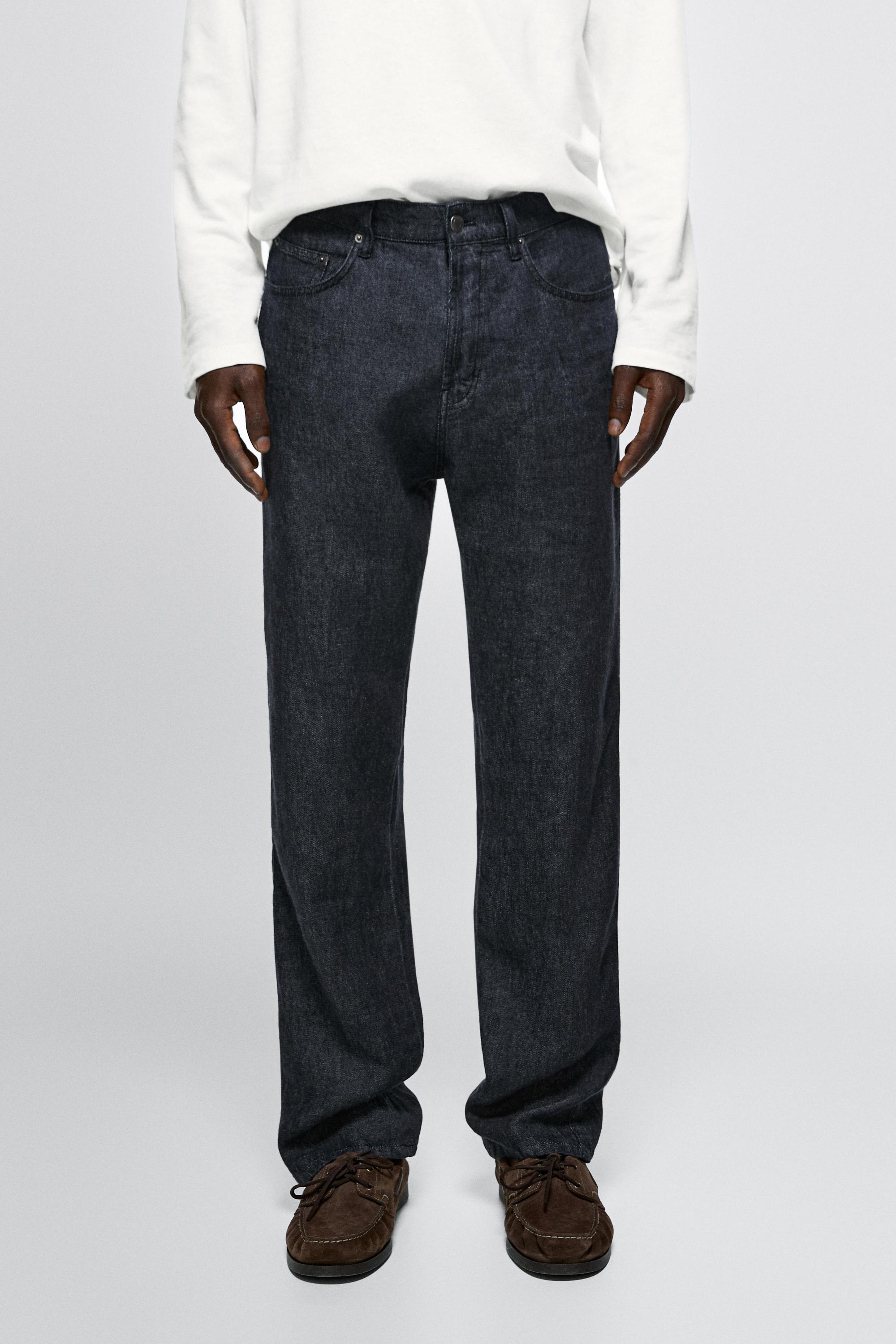 Straight-leg linen denim-effect pants