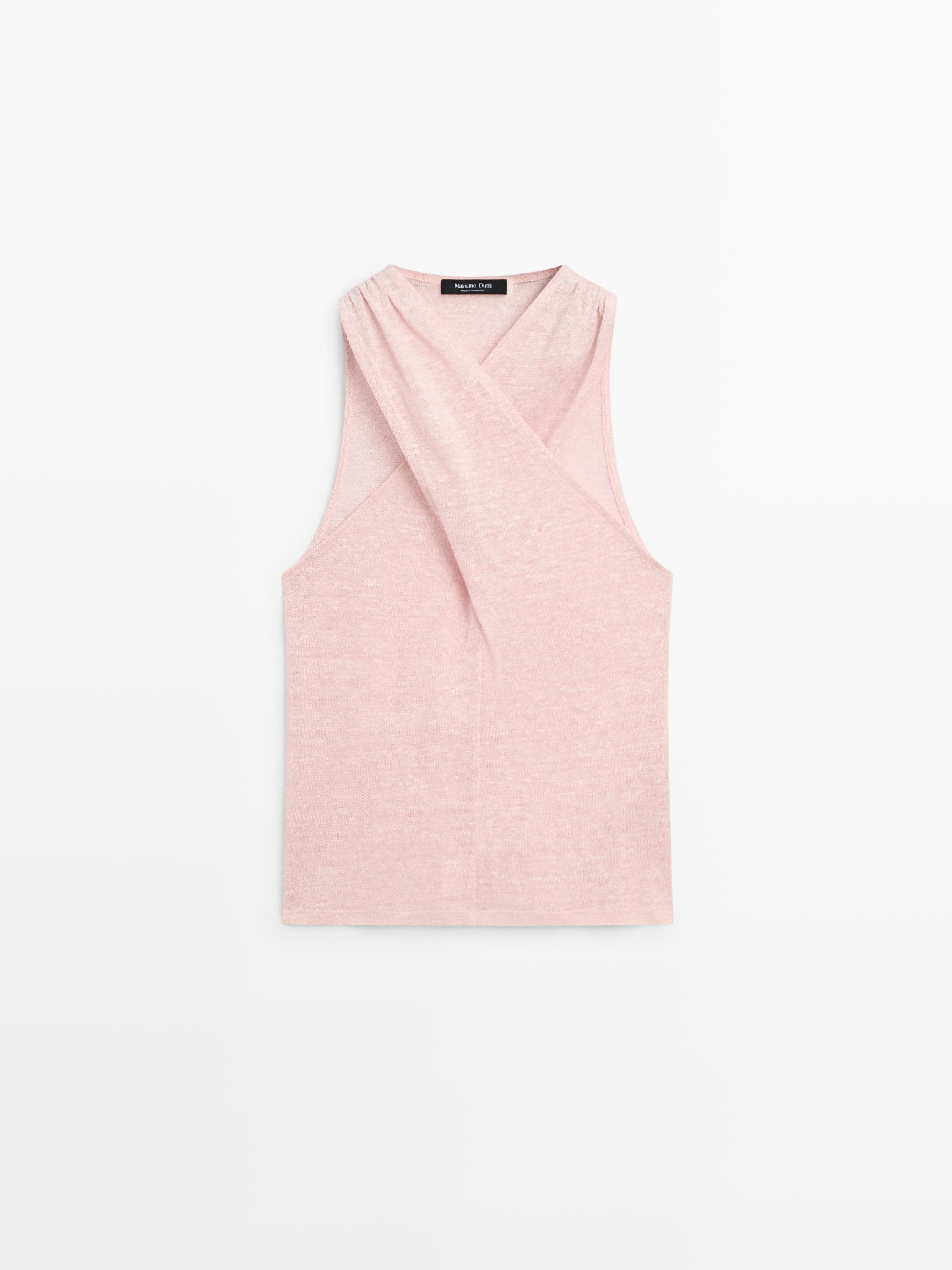 Linen blend top with surplice neckline