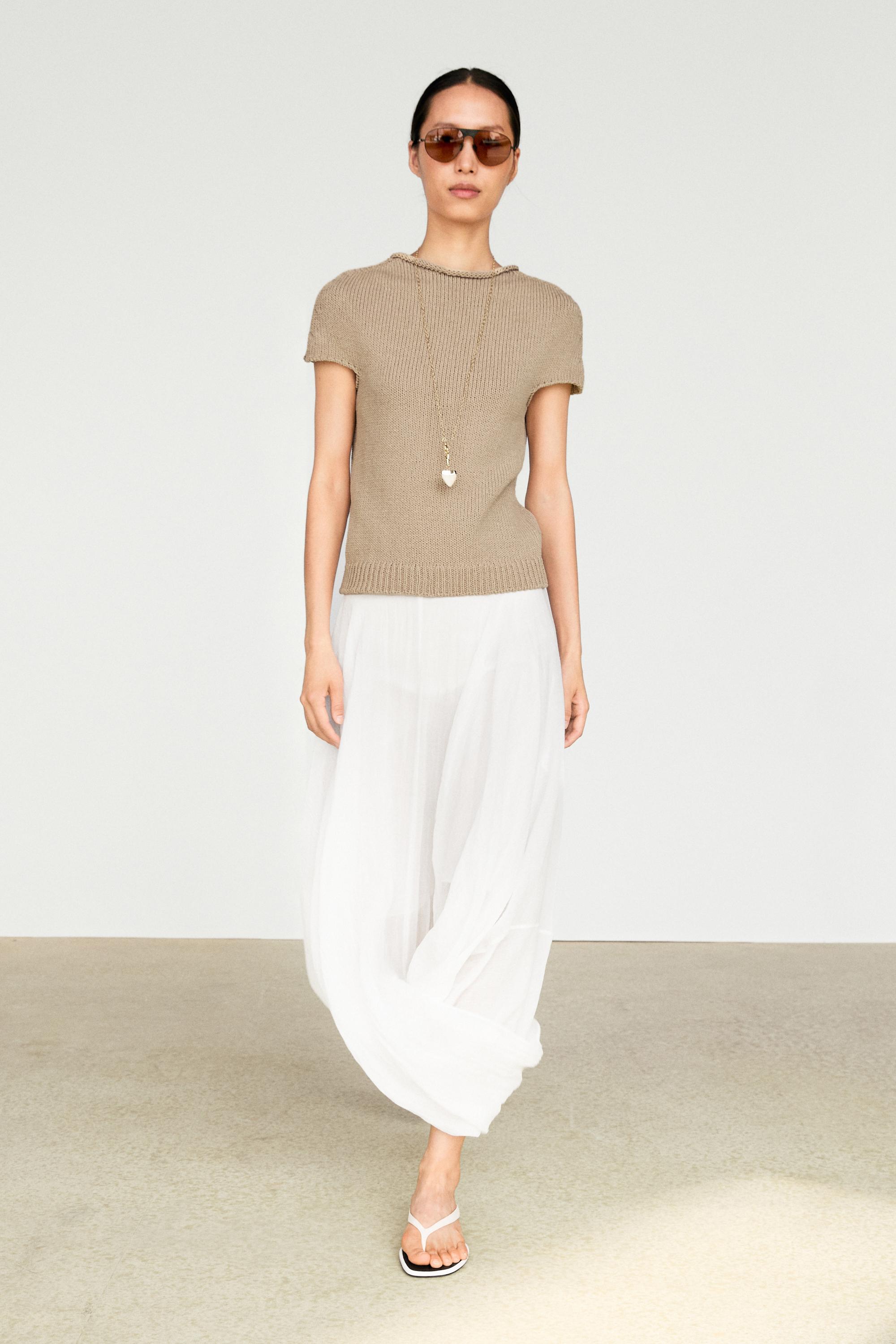 Cotton blend short sleeve rolled-neck sweater
