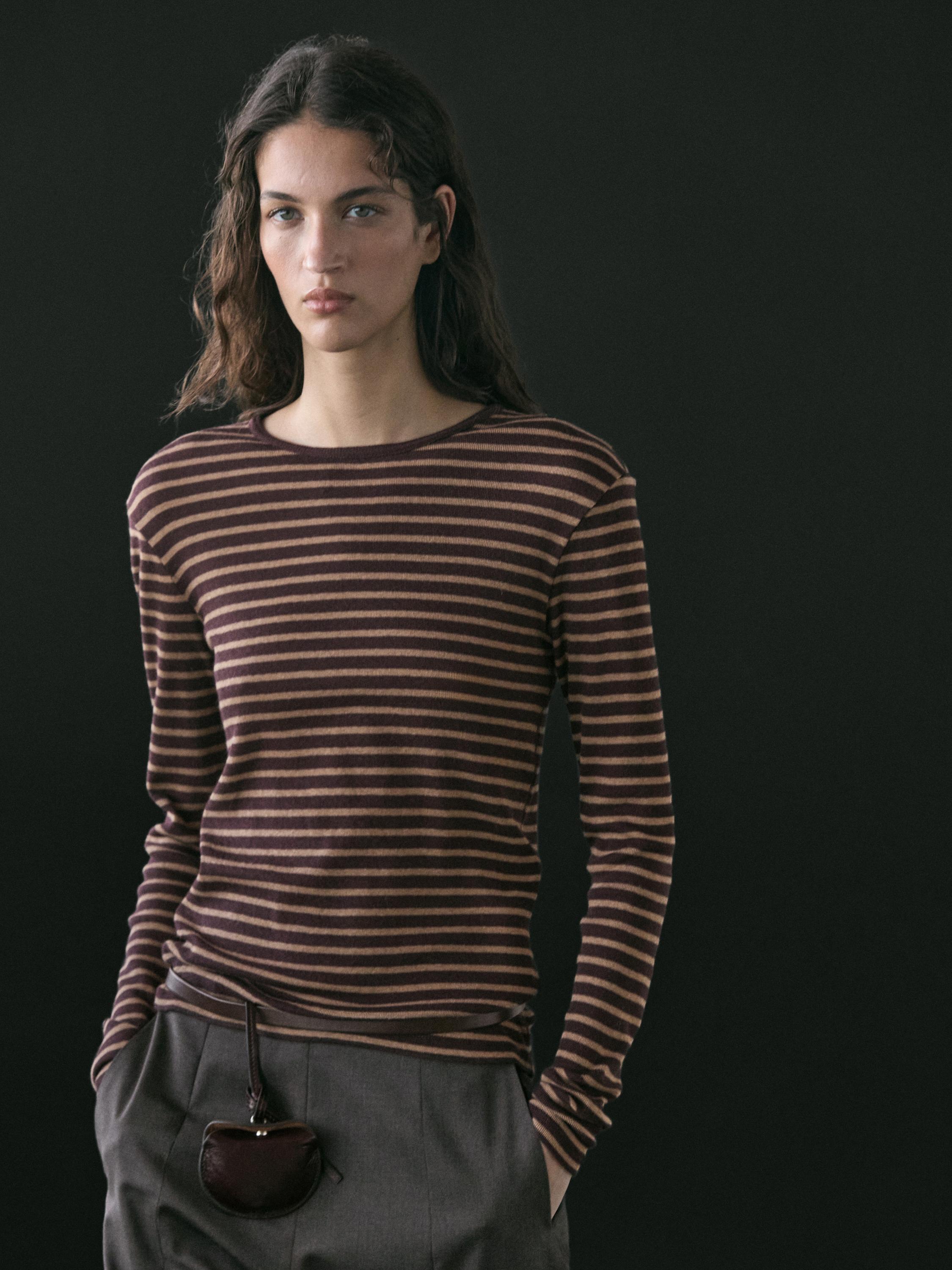 Cotton blend striped long sleeve T-shirt