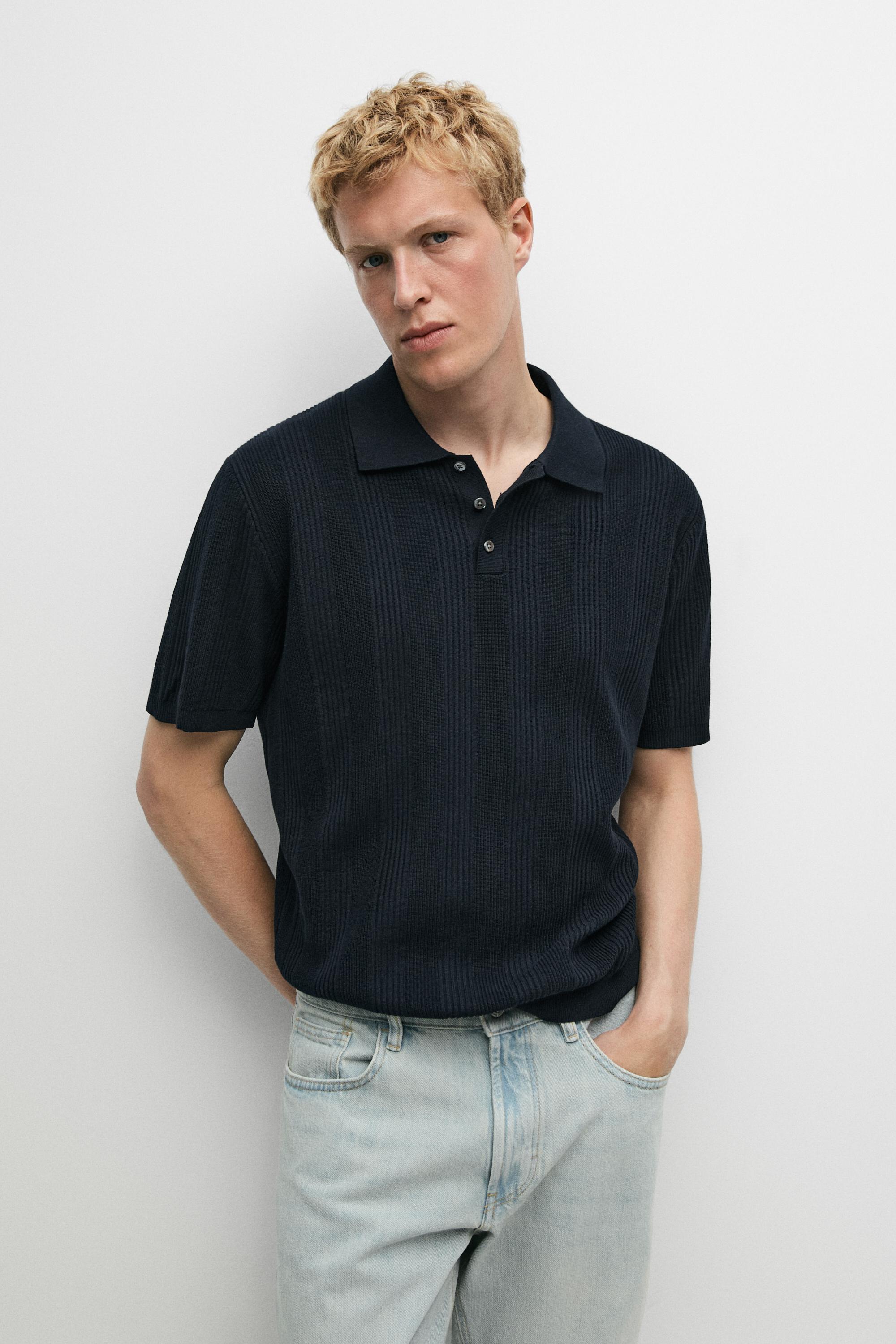 100% cotton textured striped knit polo shirt