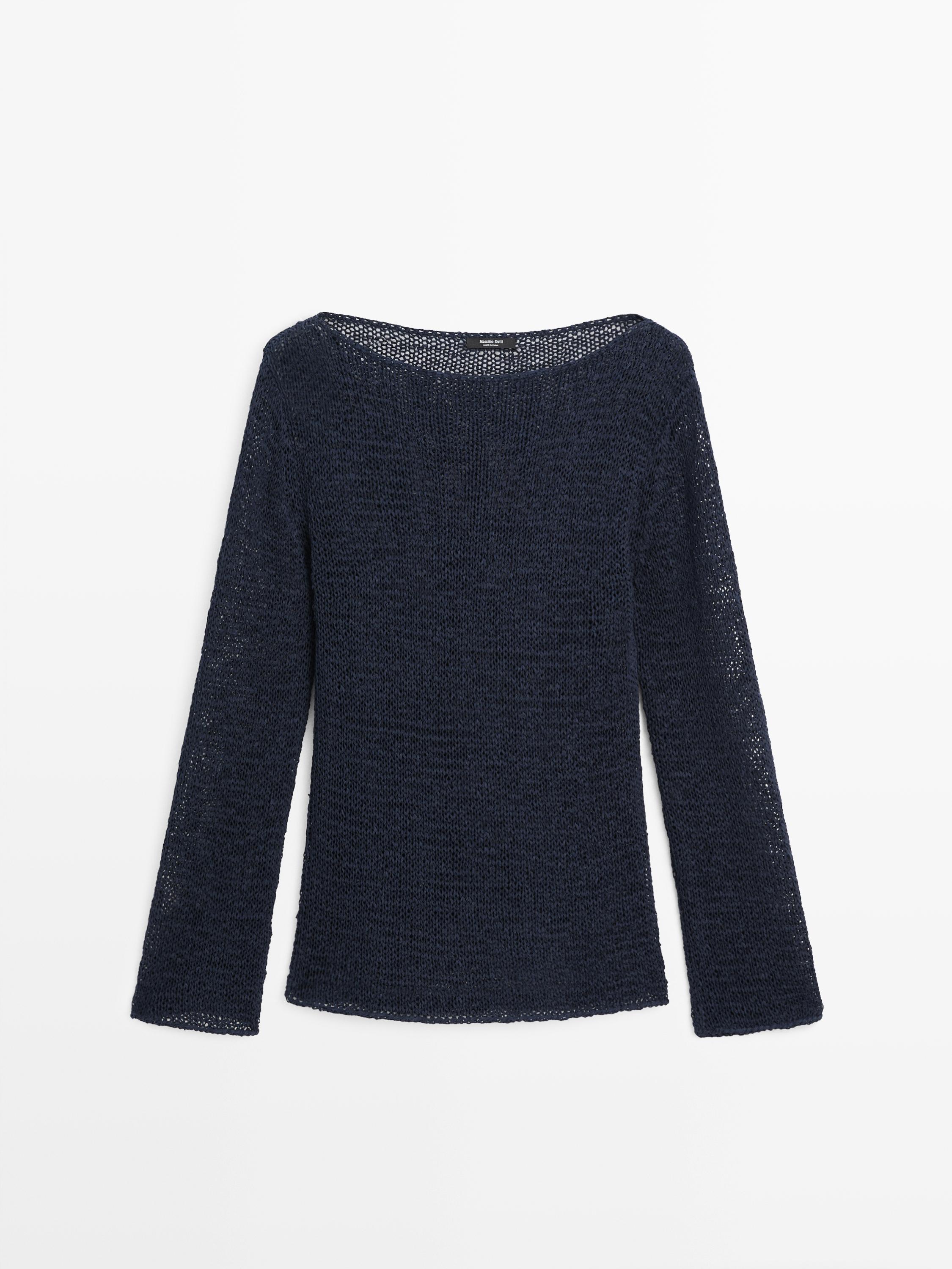 Cotton blend knit boat neck sweater