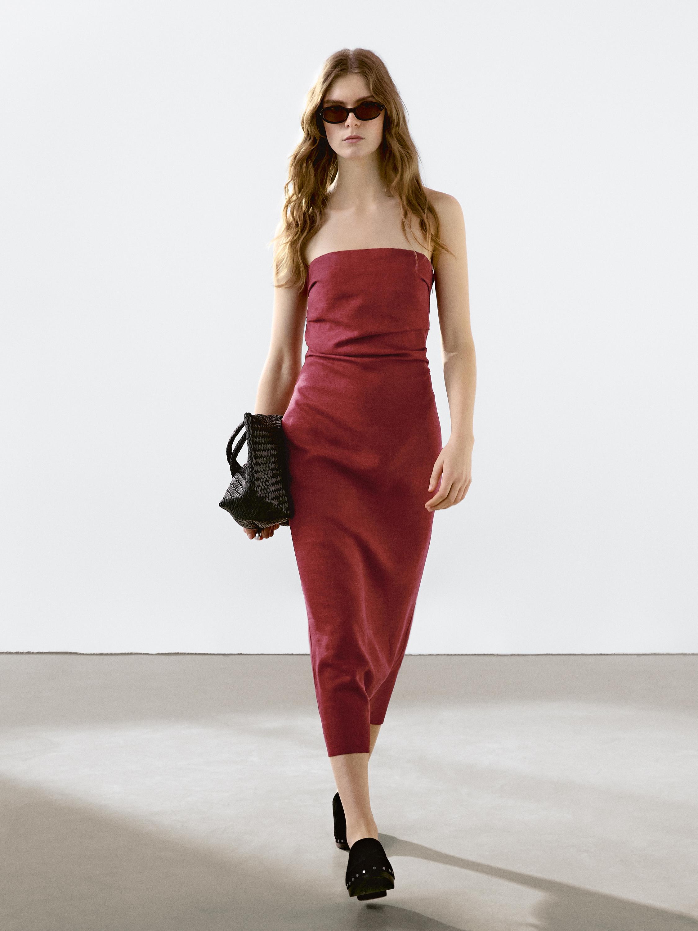Strapless linen midi dress