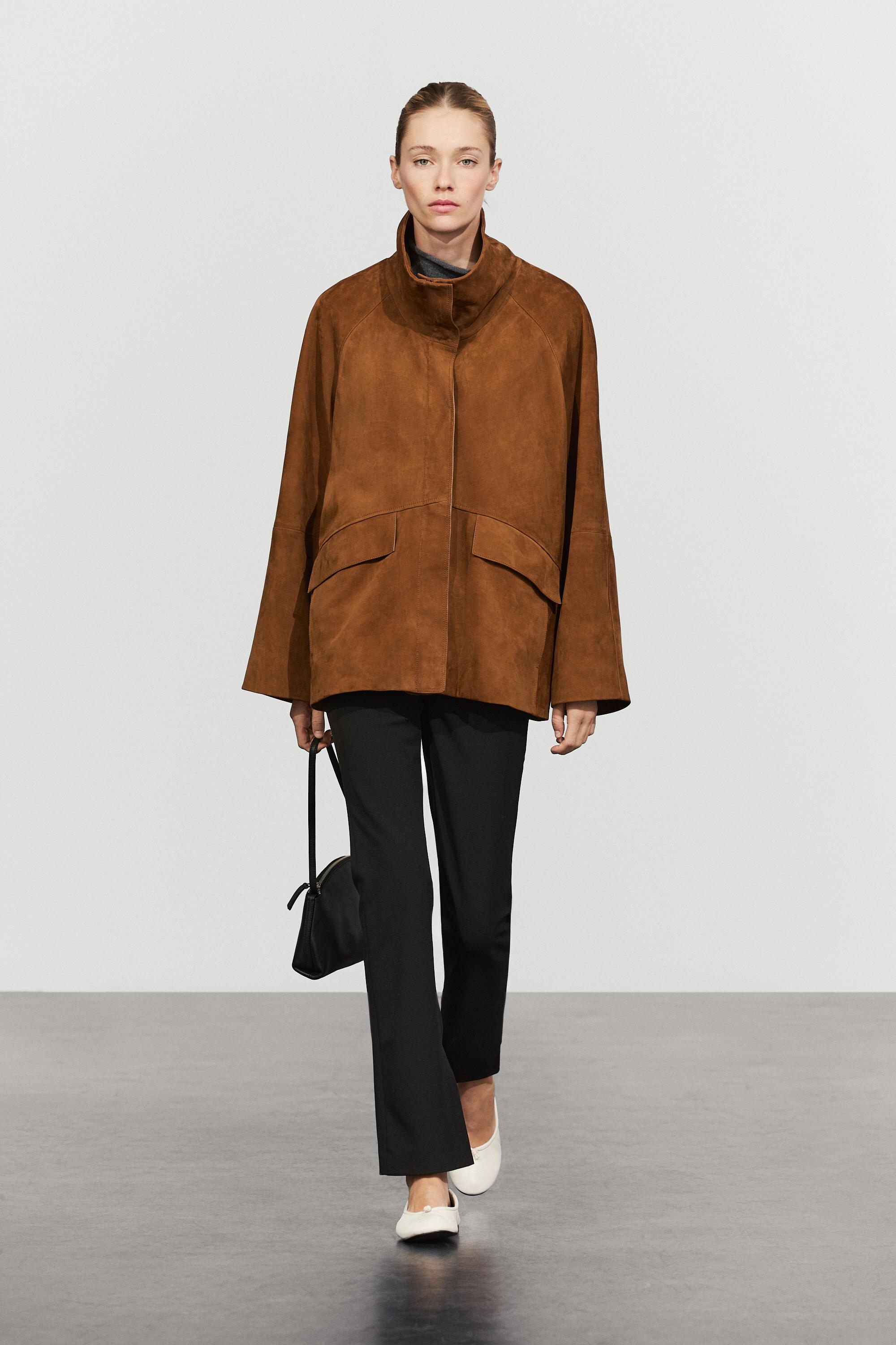 Nubuck leather high collar coat