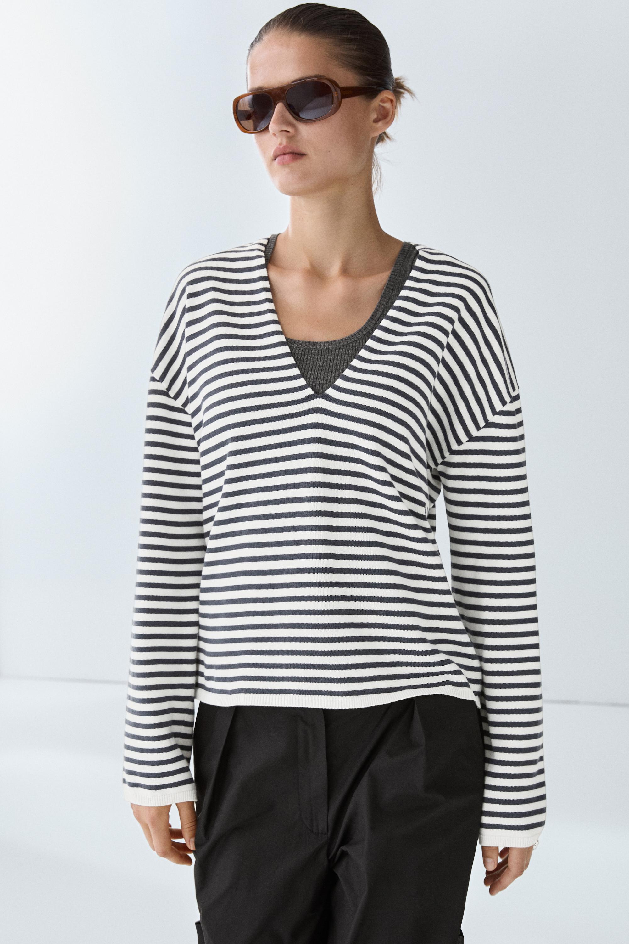 Striped V-neck knit sweater