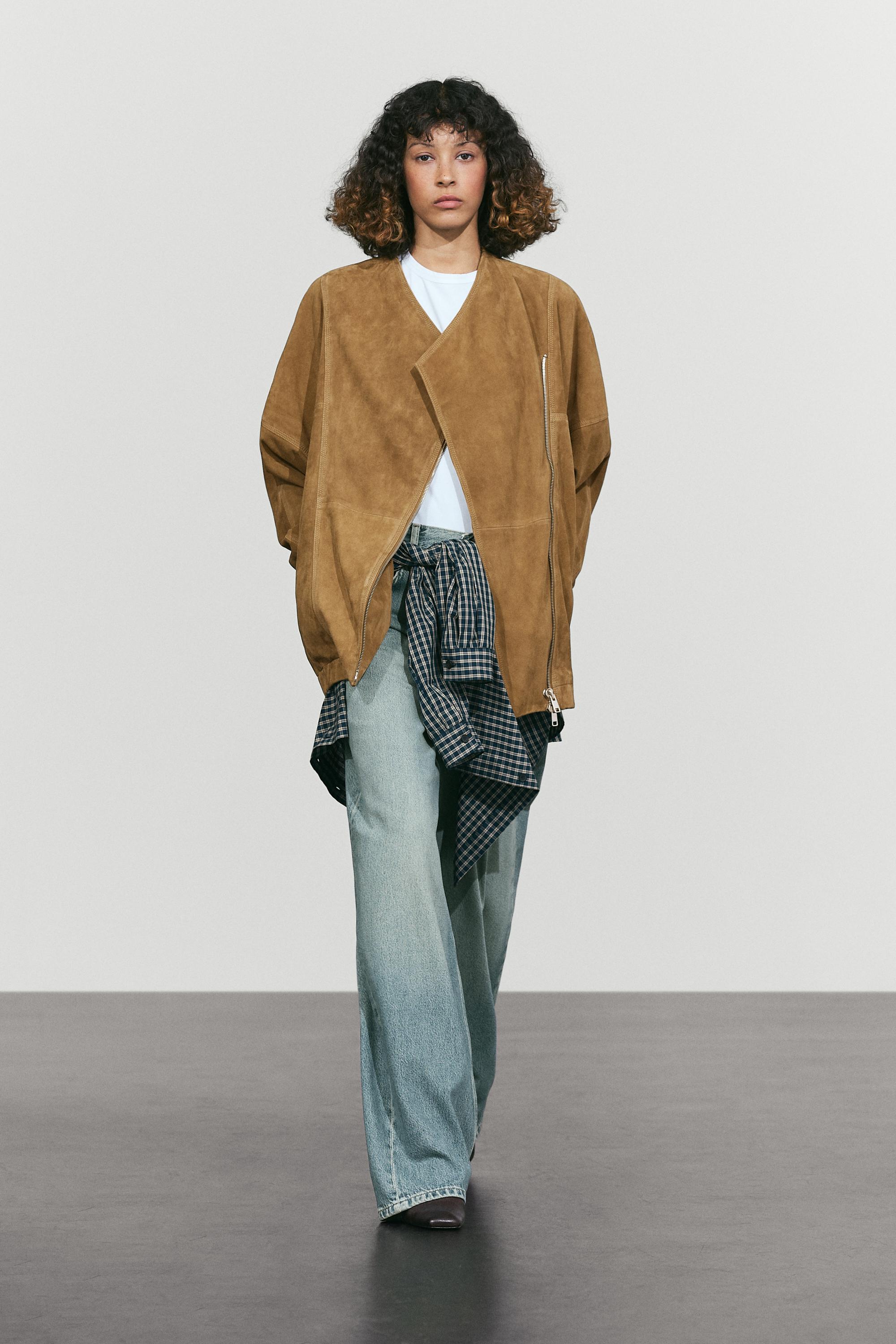 Asymmetrical suede leather zip-up jacket