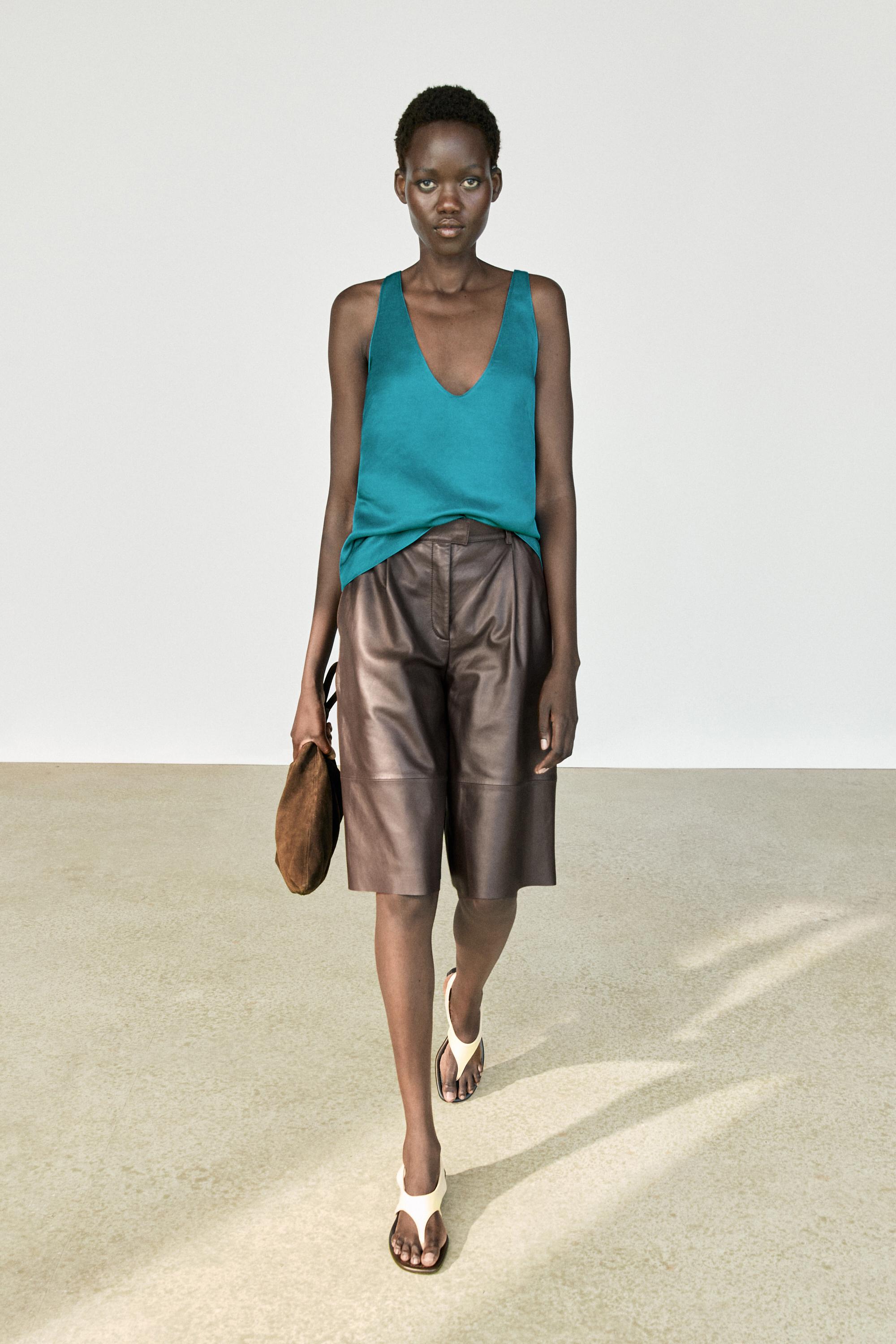 Satin linen blend V-neck top