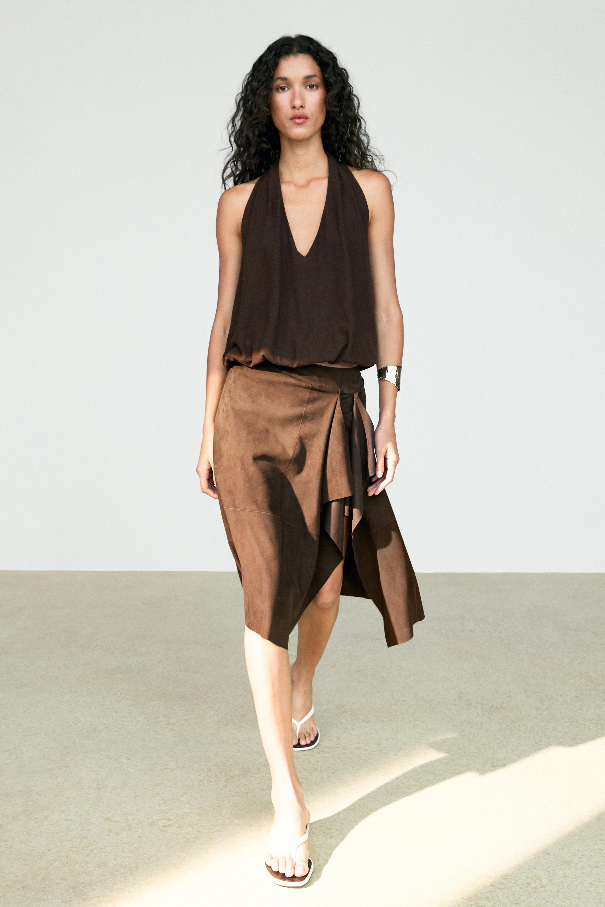 Suede leather midi skirt with ruffle detail