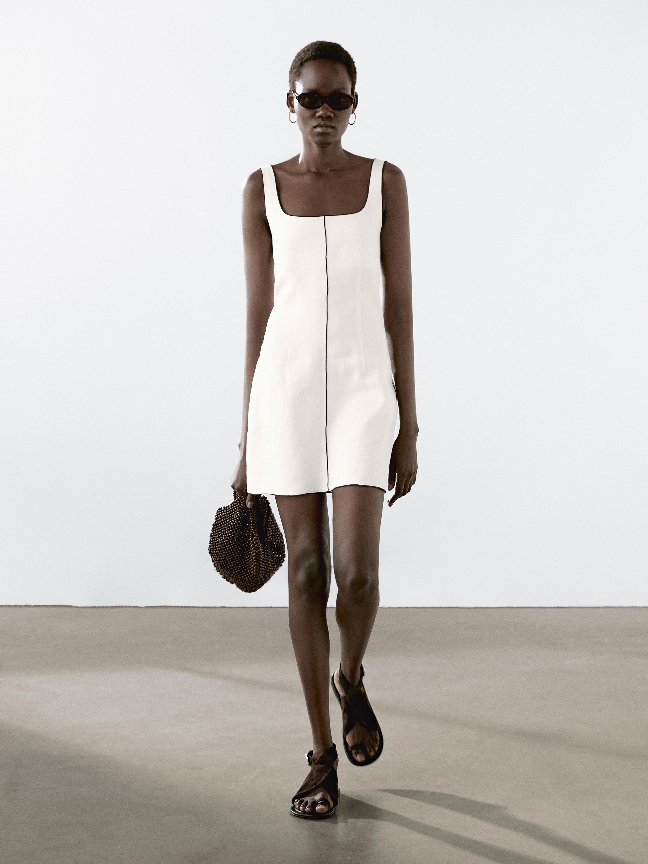 Linen mini dress with contrast trims