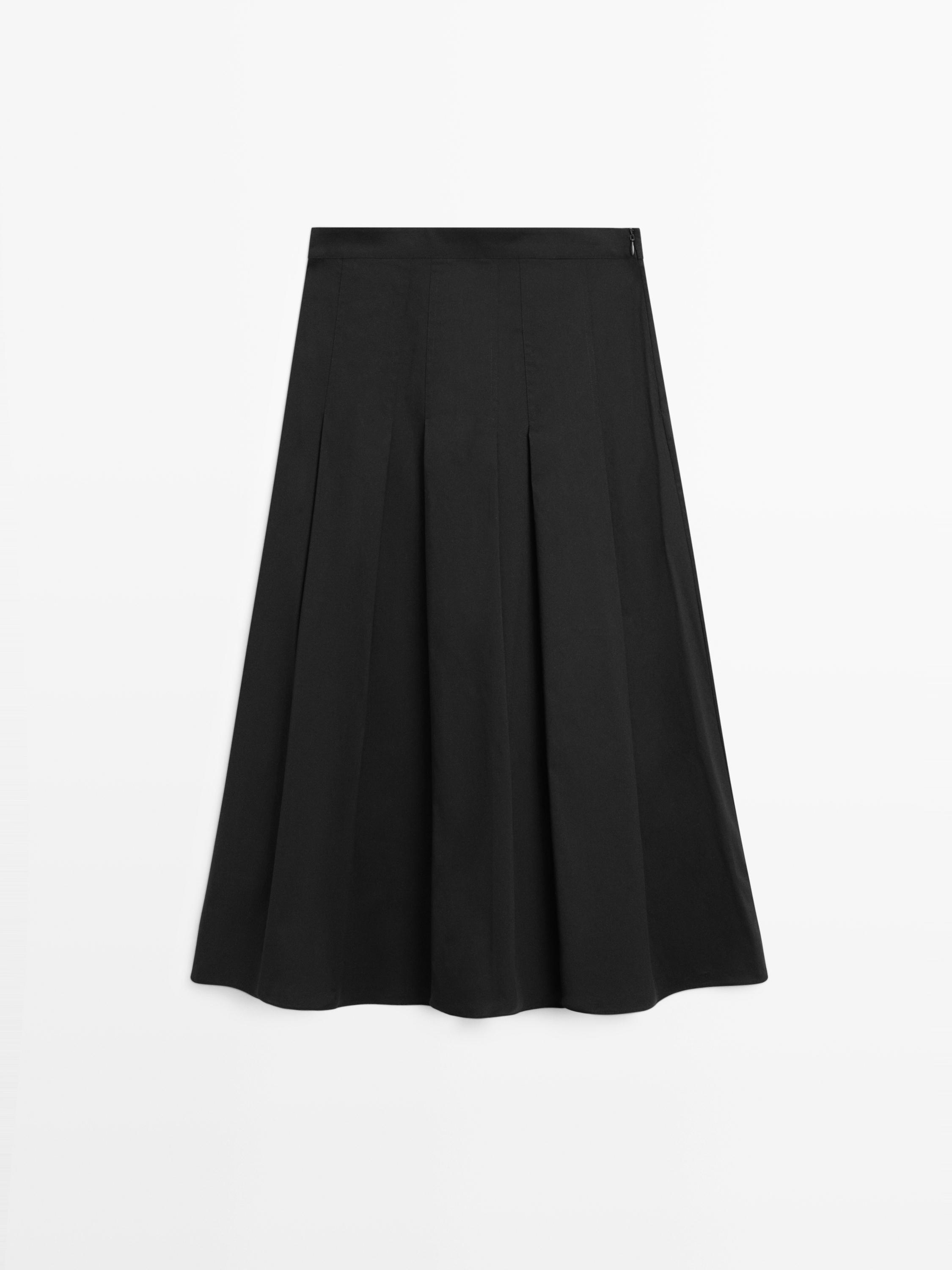 Cotton blend box pleat midi skirt