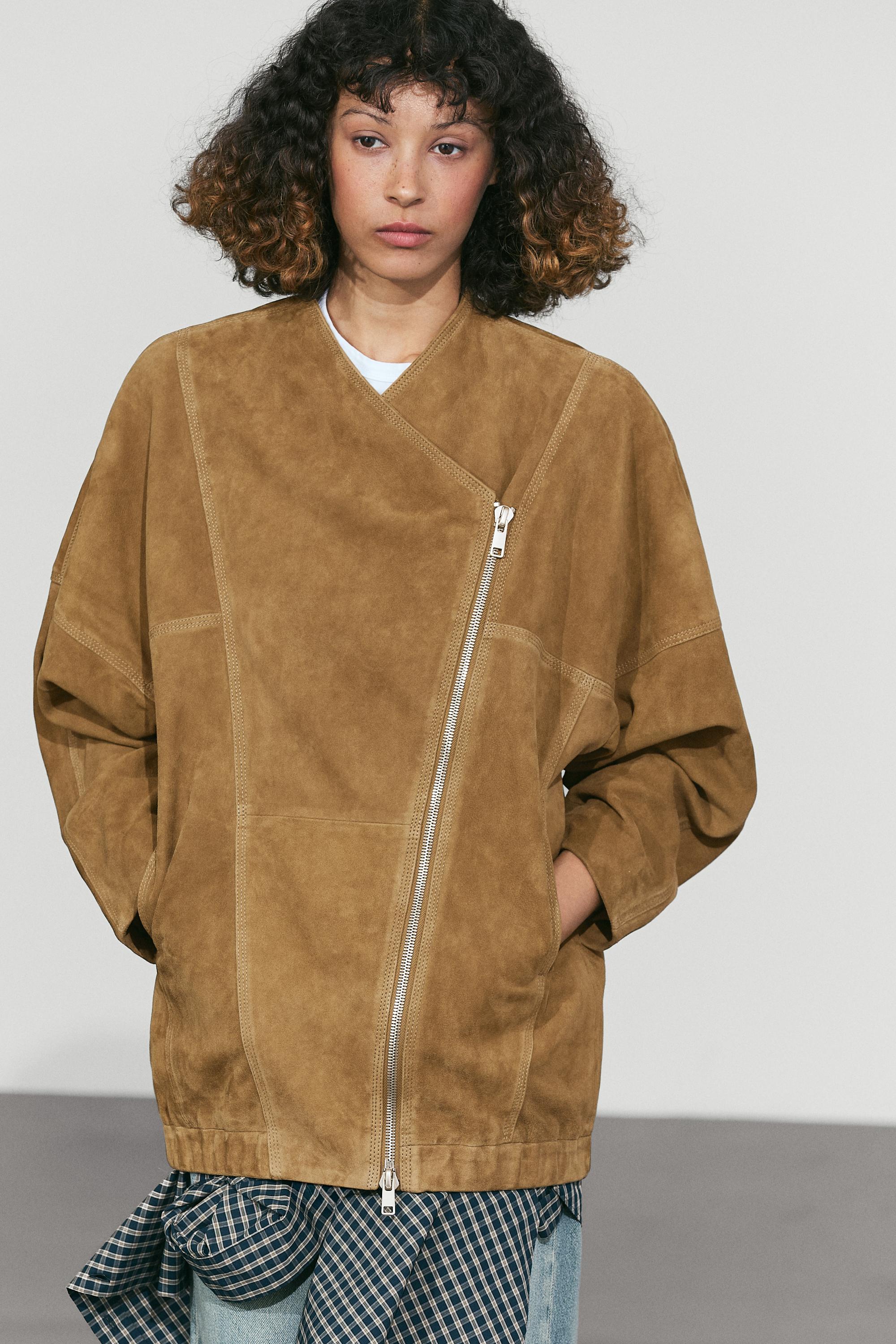 Asymmetrical suede leather zip-up jacket
