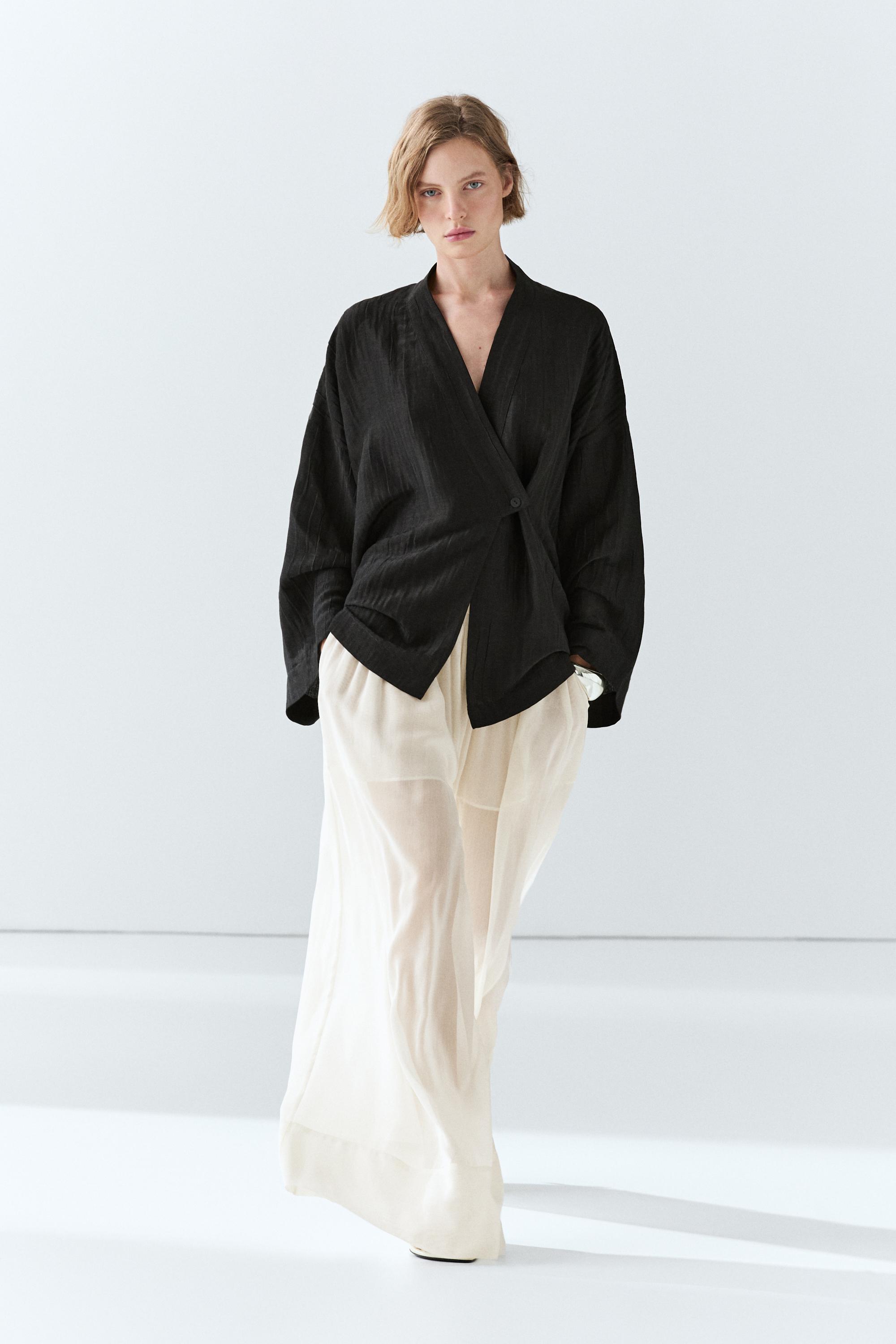 Textured linen blend V-neck kimono