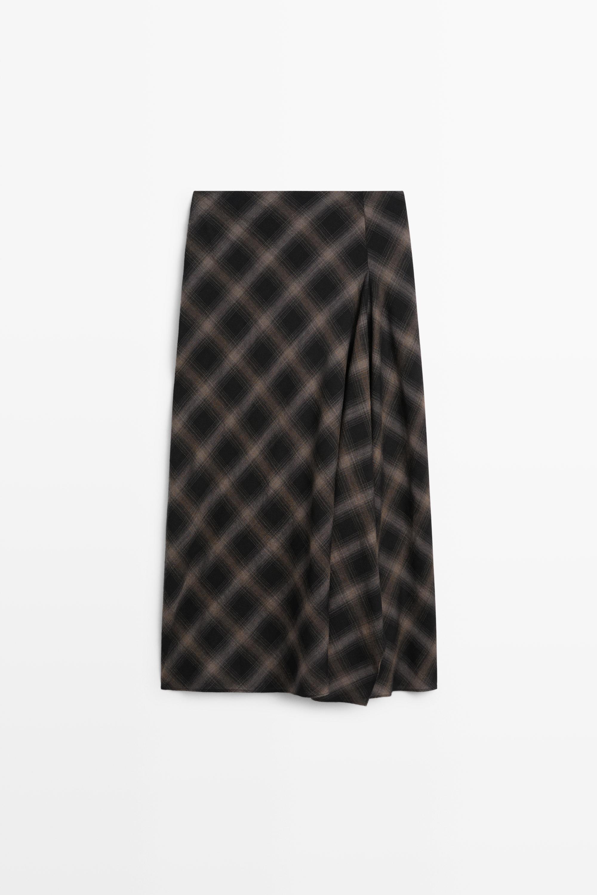 Wool-cotton blend check midi skirt with split