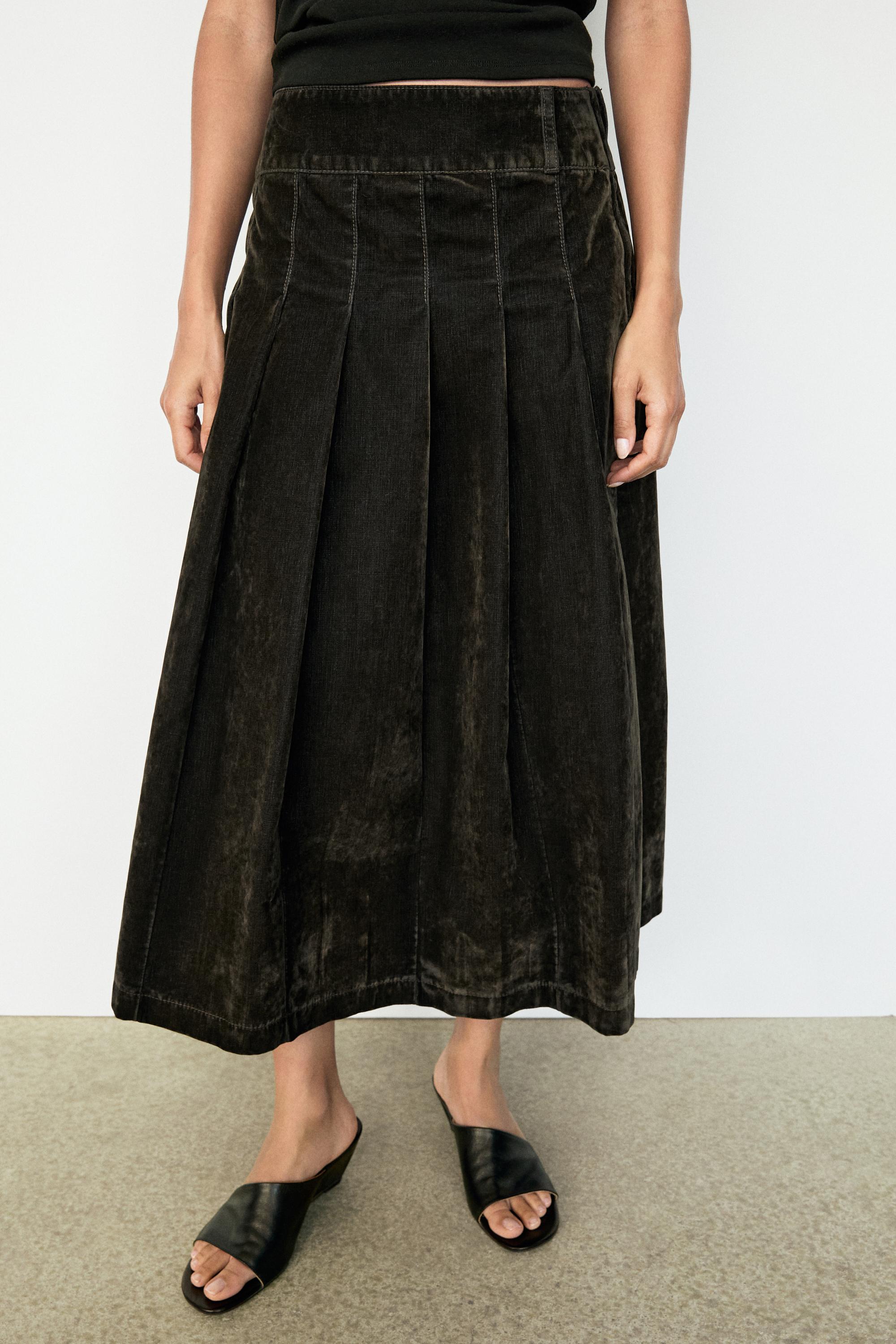 Flocked denim midi skirt with box pleats