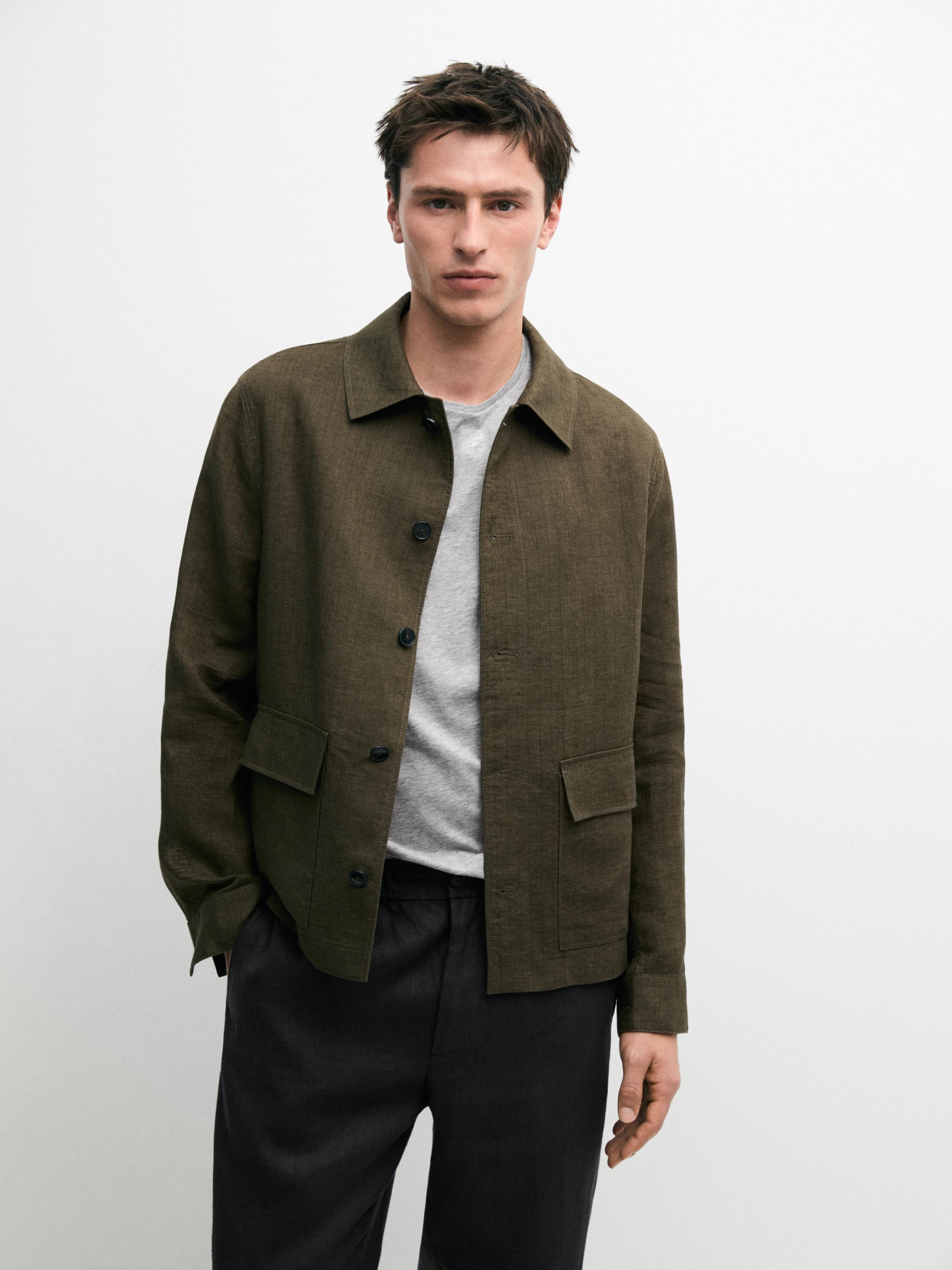 100% linen overshirt with pockets and striped detail