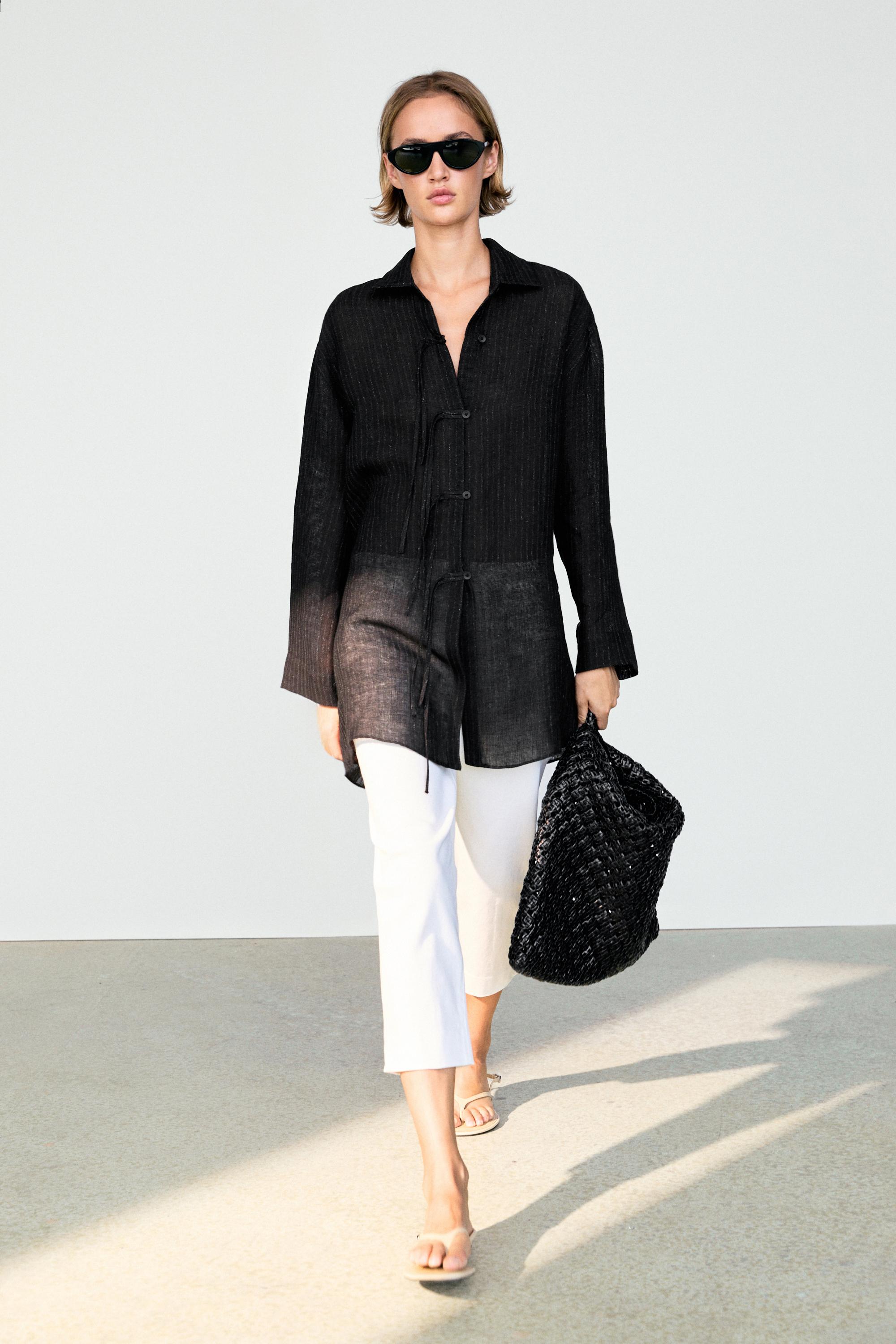 Striped linen blend oversize blouse with button detail