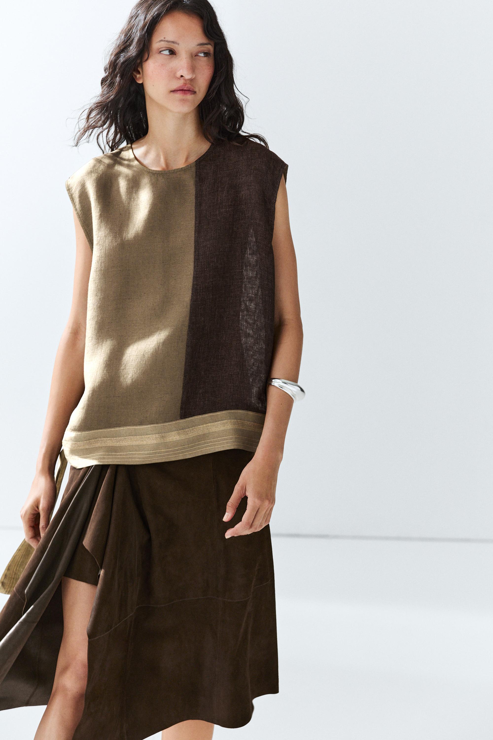 Linen-blend color-block flowing top