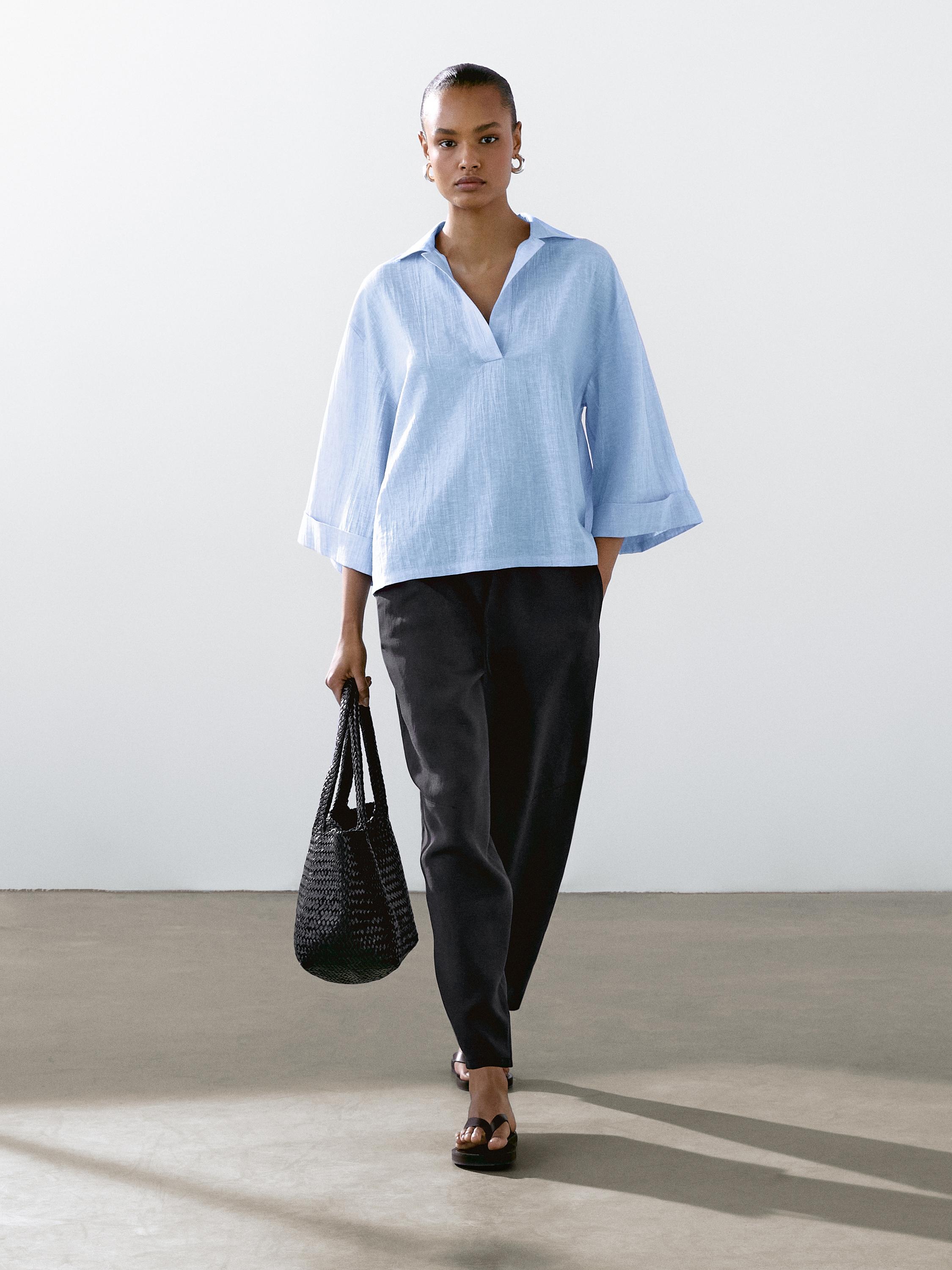 Flowing linen blend barrel fit trousers