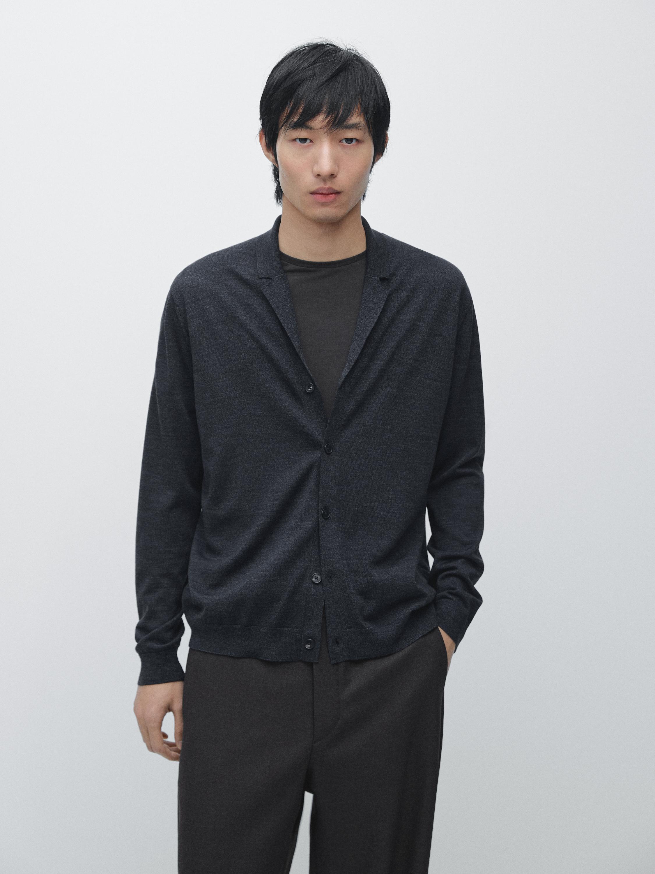 Wool blend knit cardigan with lapel collar