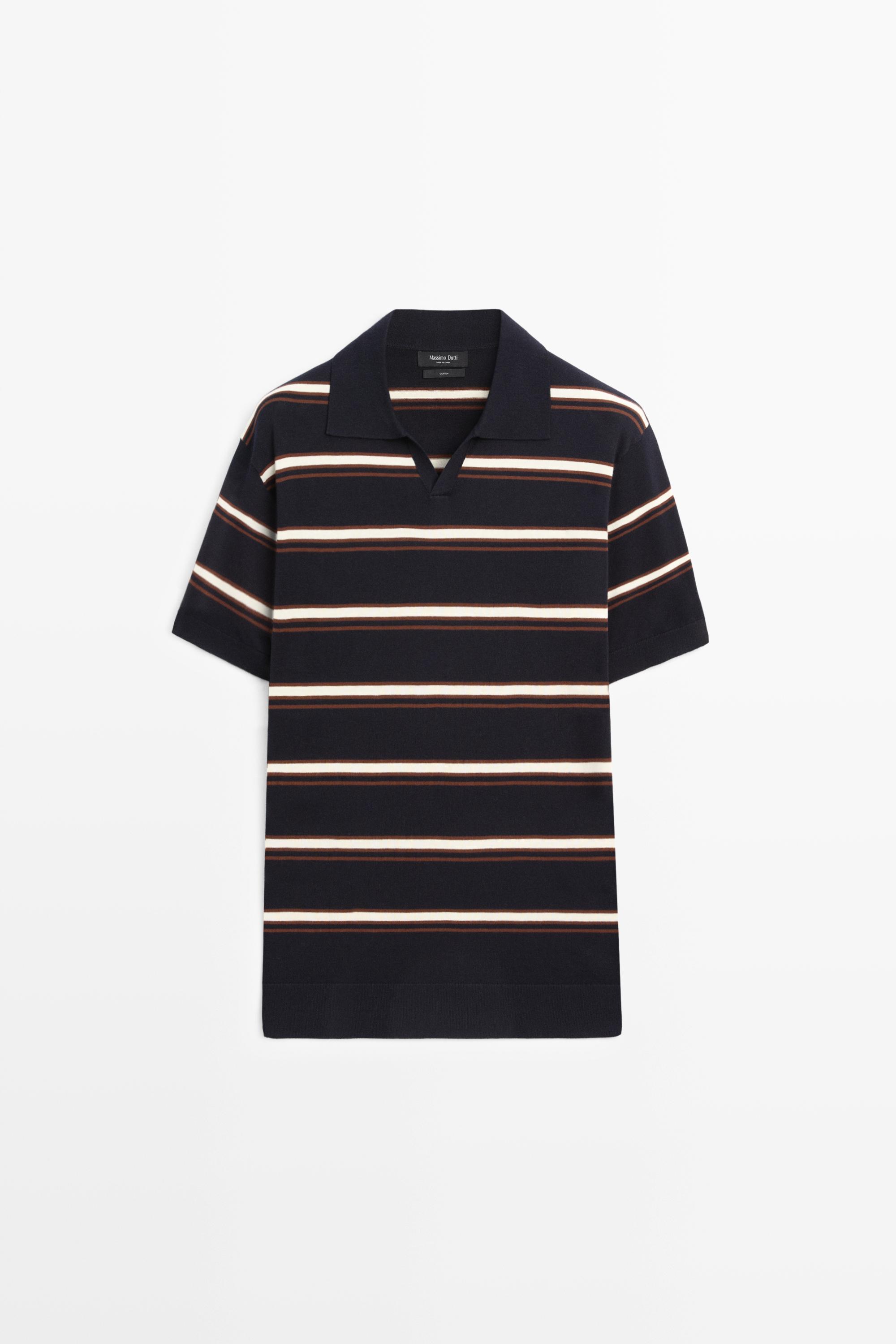 Striped V-neck knit polo shirt