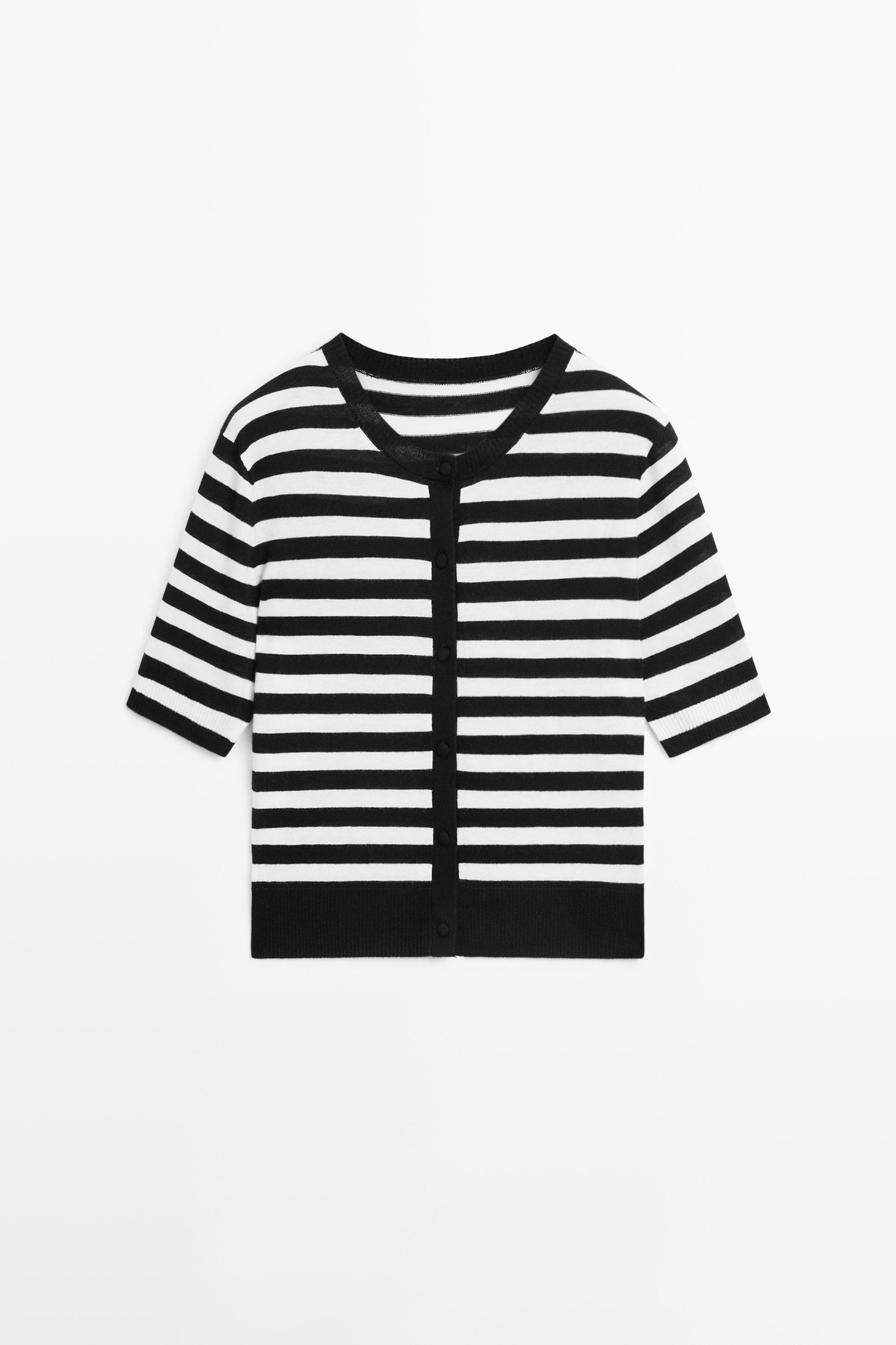 Striped short sleeve knit cardigan