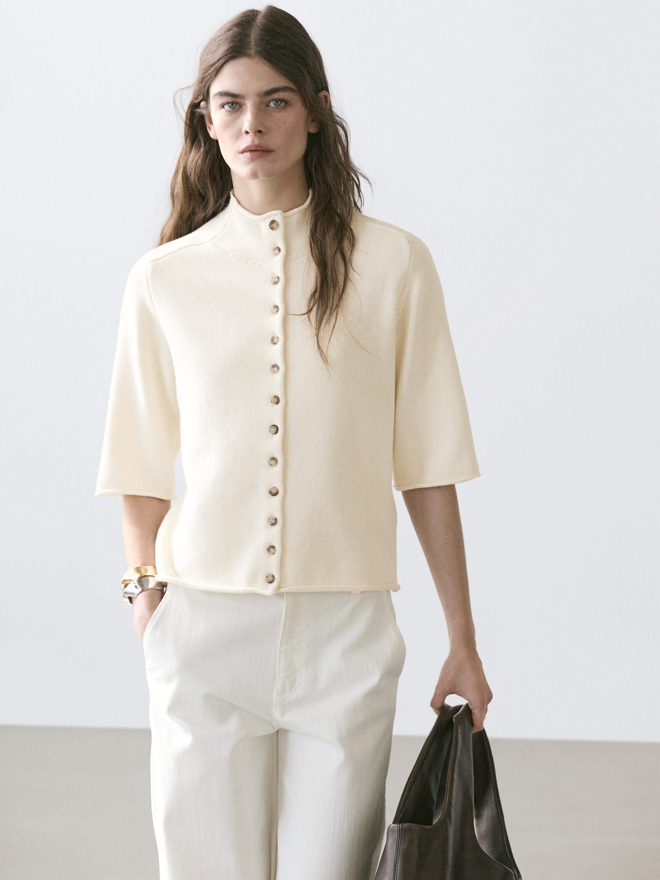 Knit cardigan with elbow-length sleeves