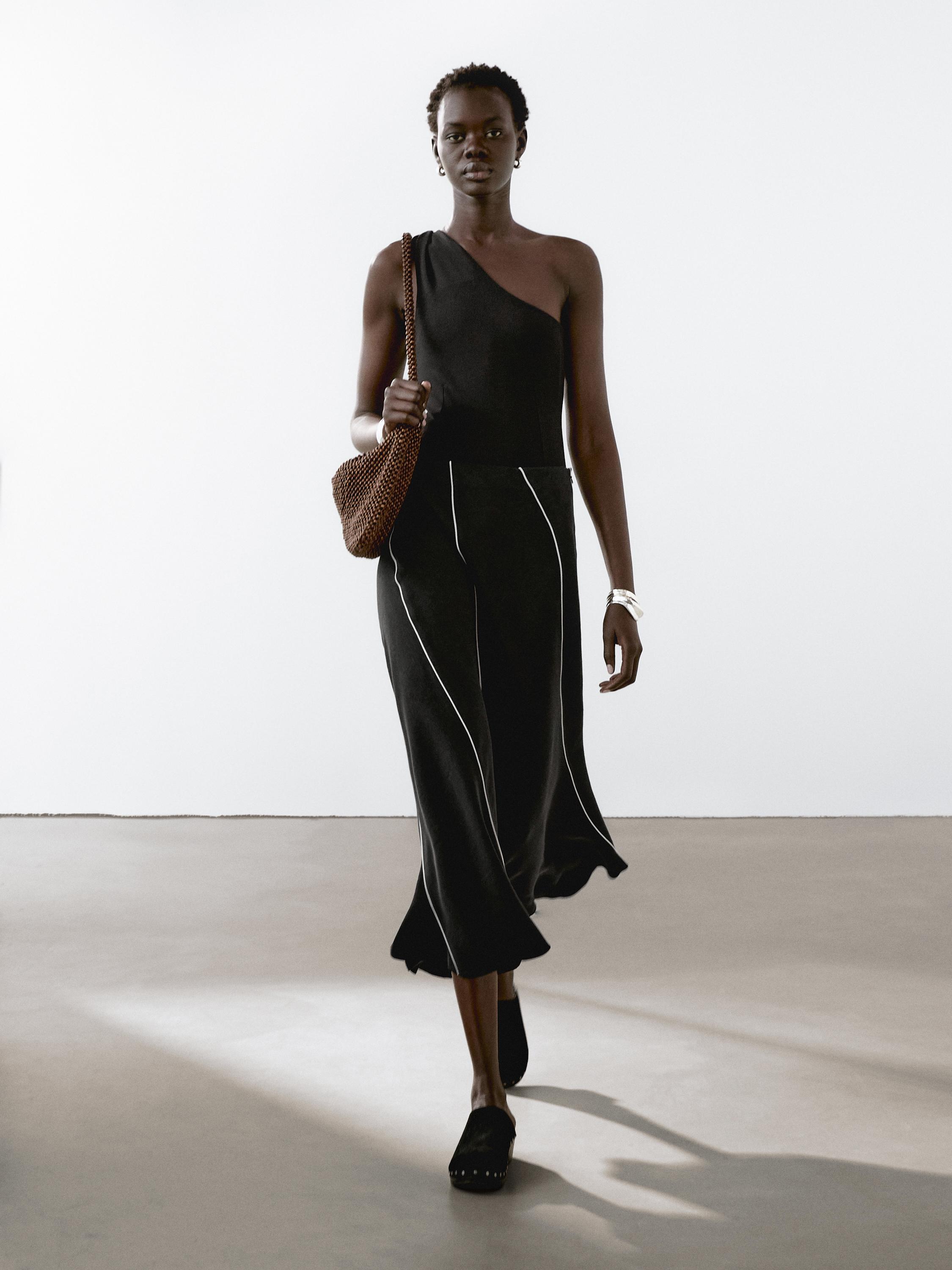 Linen blend flared midi skirt