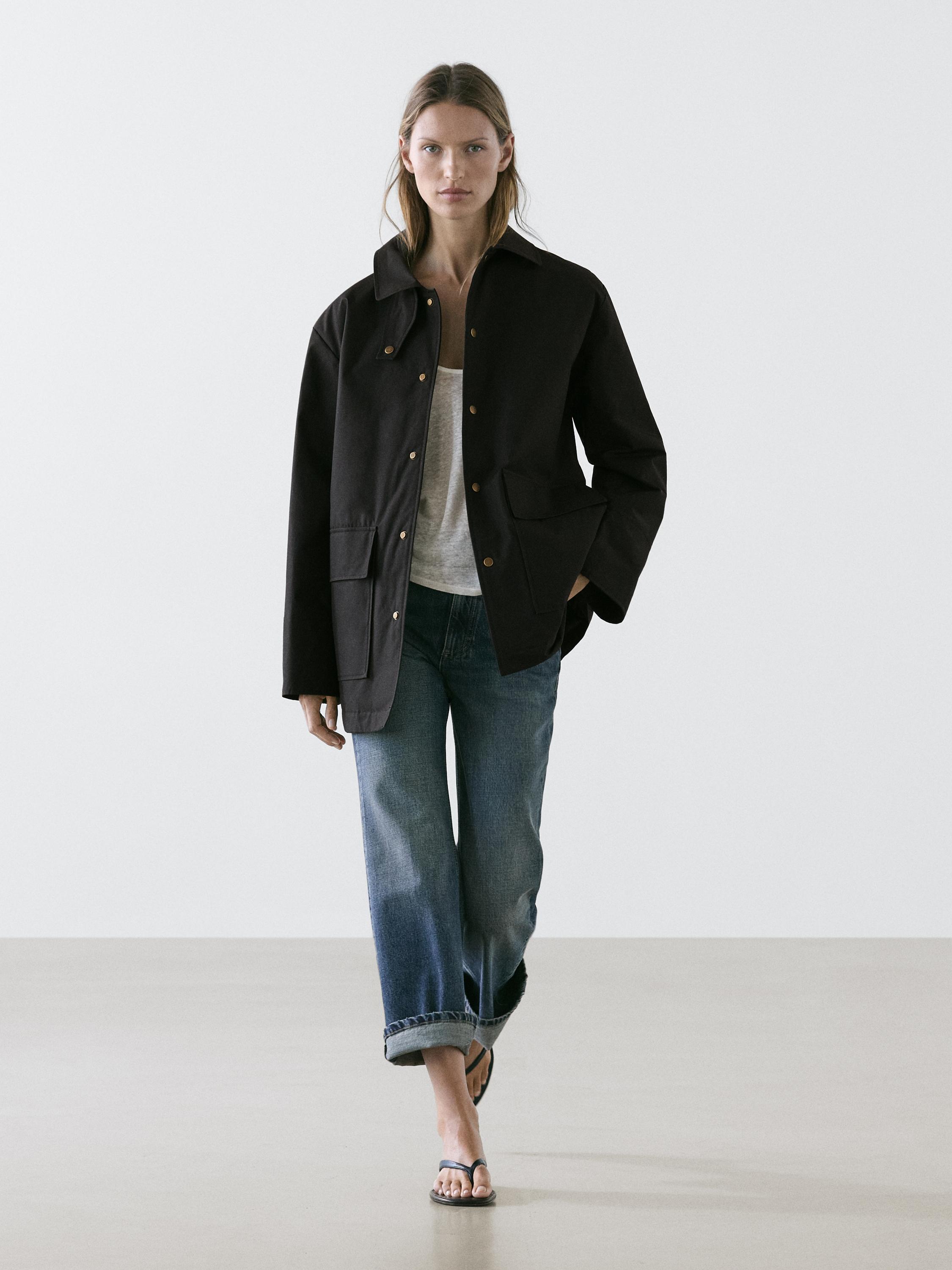 Long cotton parka with collar detail
