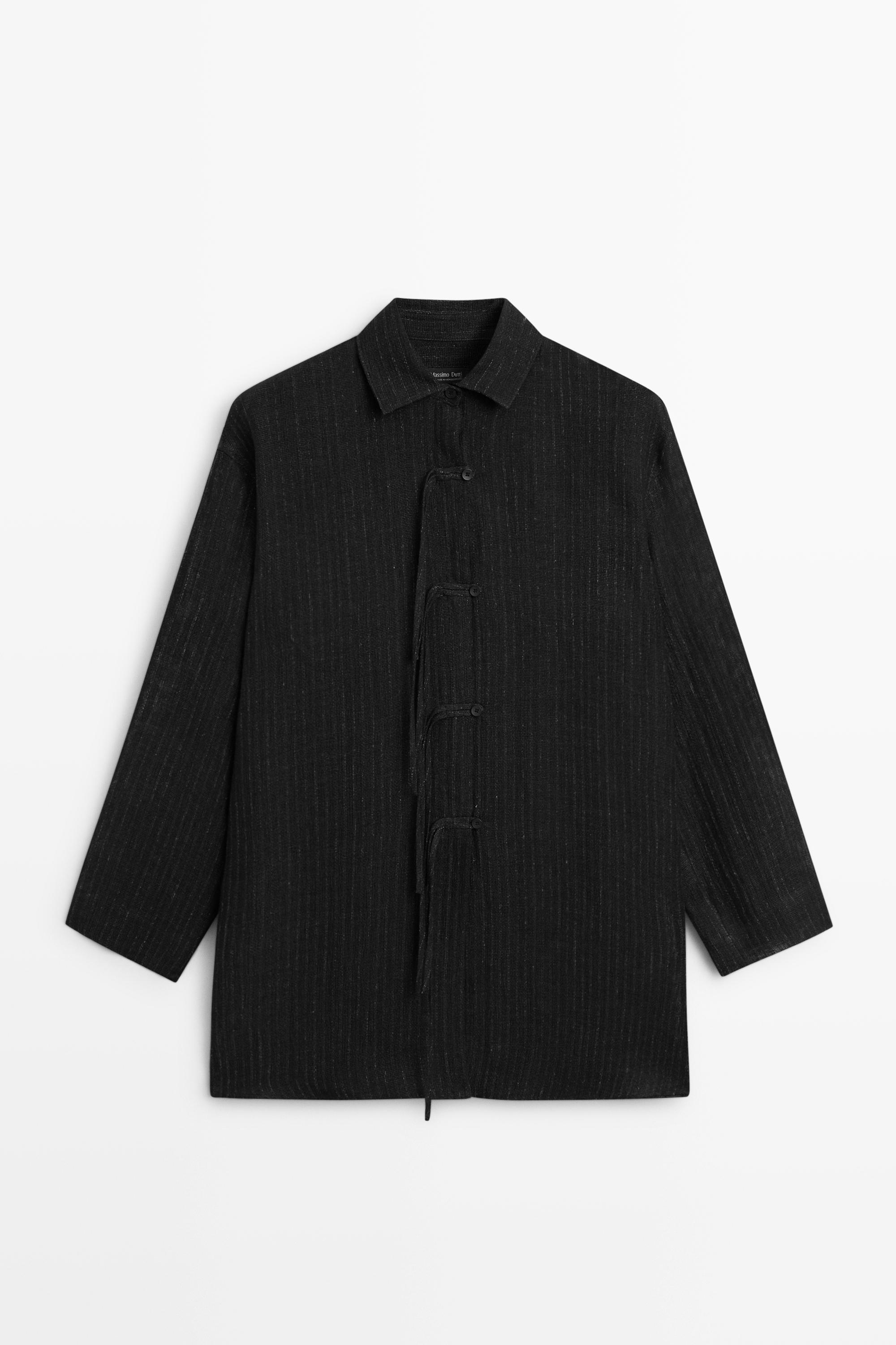 Striped linen blend oversize blouse with button detail