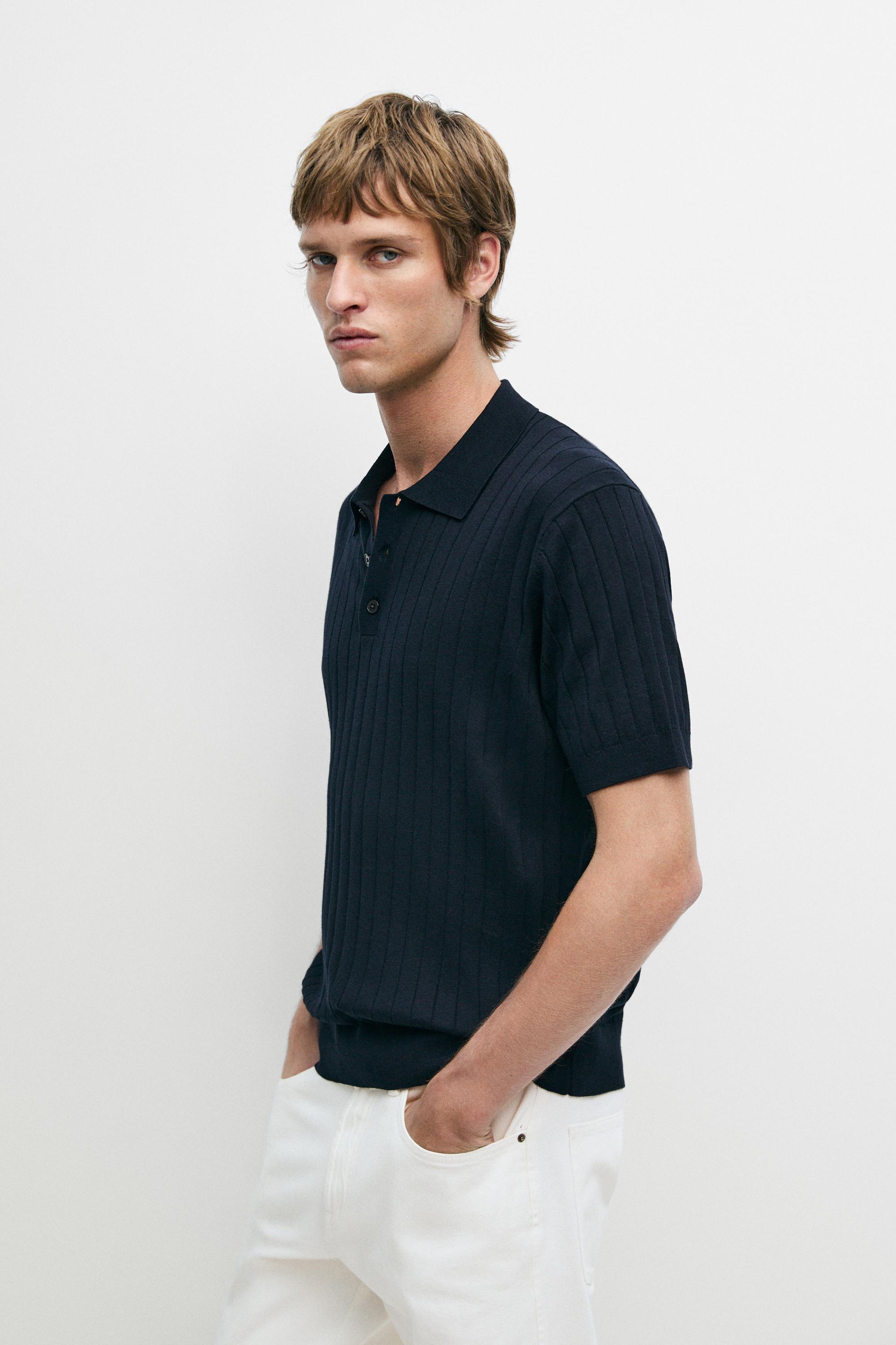 Ribbed knit cotton blend polo shirt