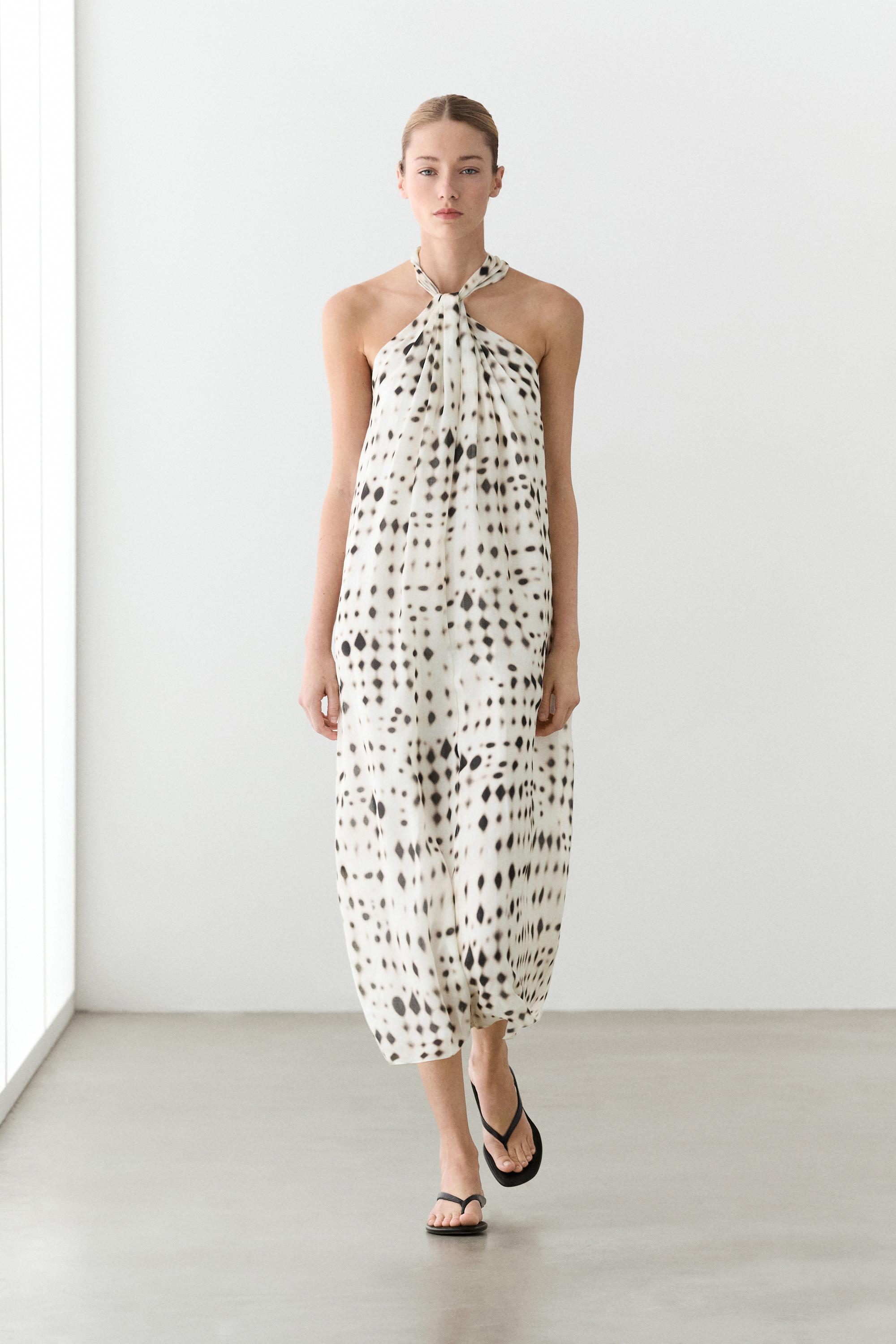 印花绕颈吊带连衣裙