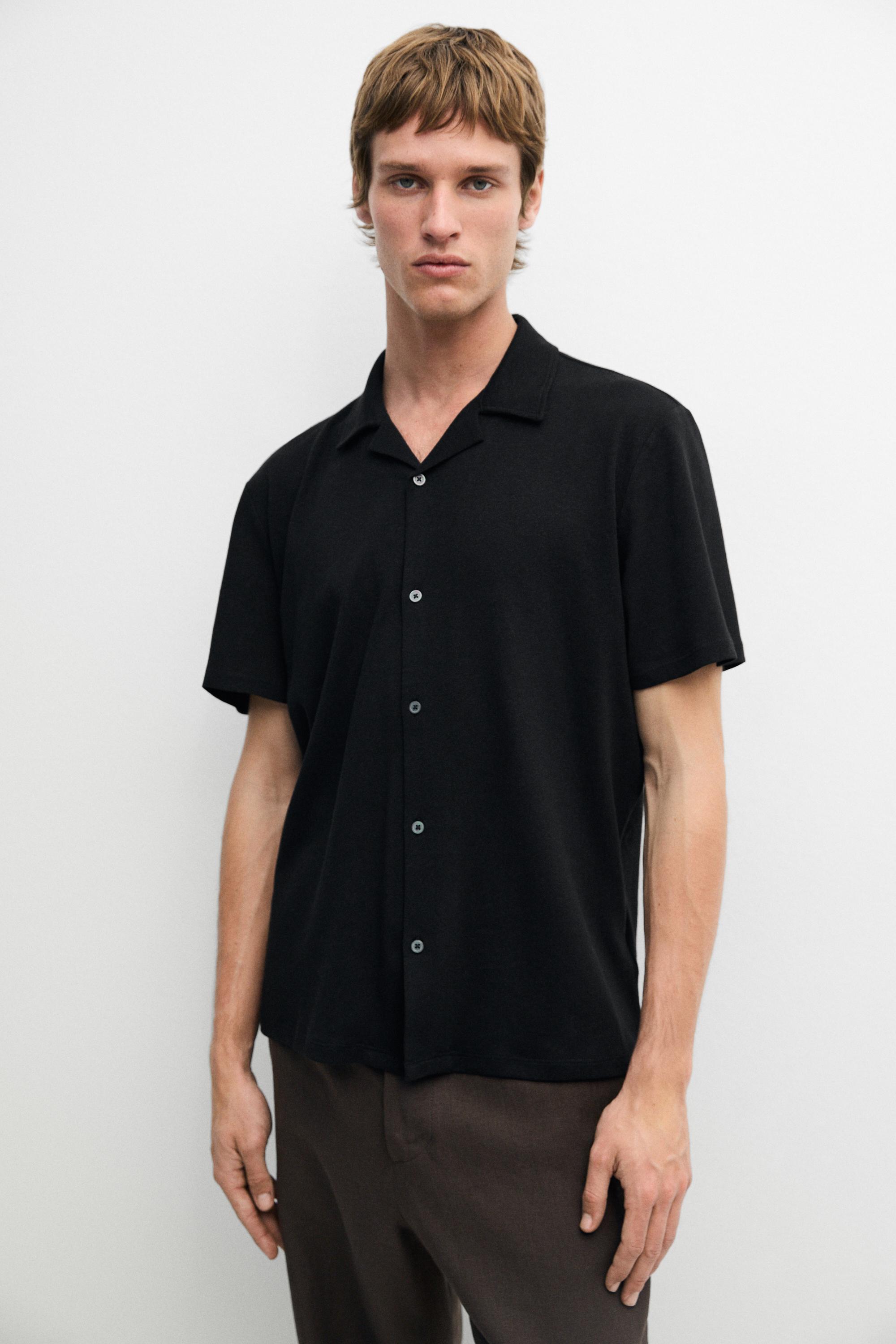 Regular fit short sleeve linen-cotton blend shirt