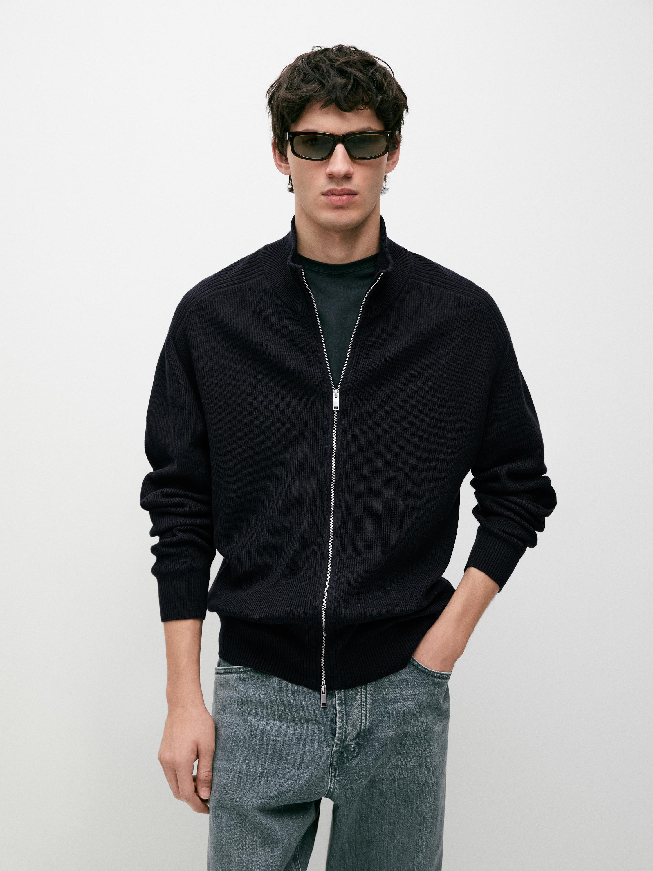 Cotton zip-up knit cardigan