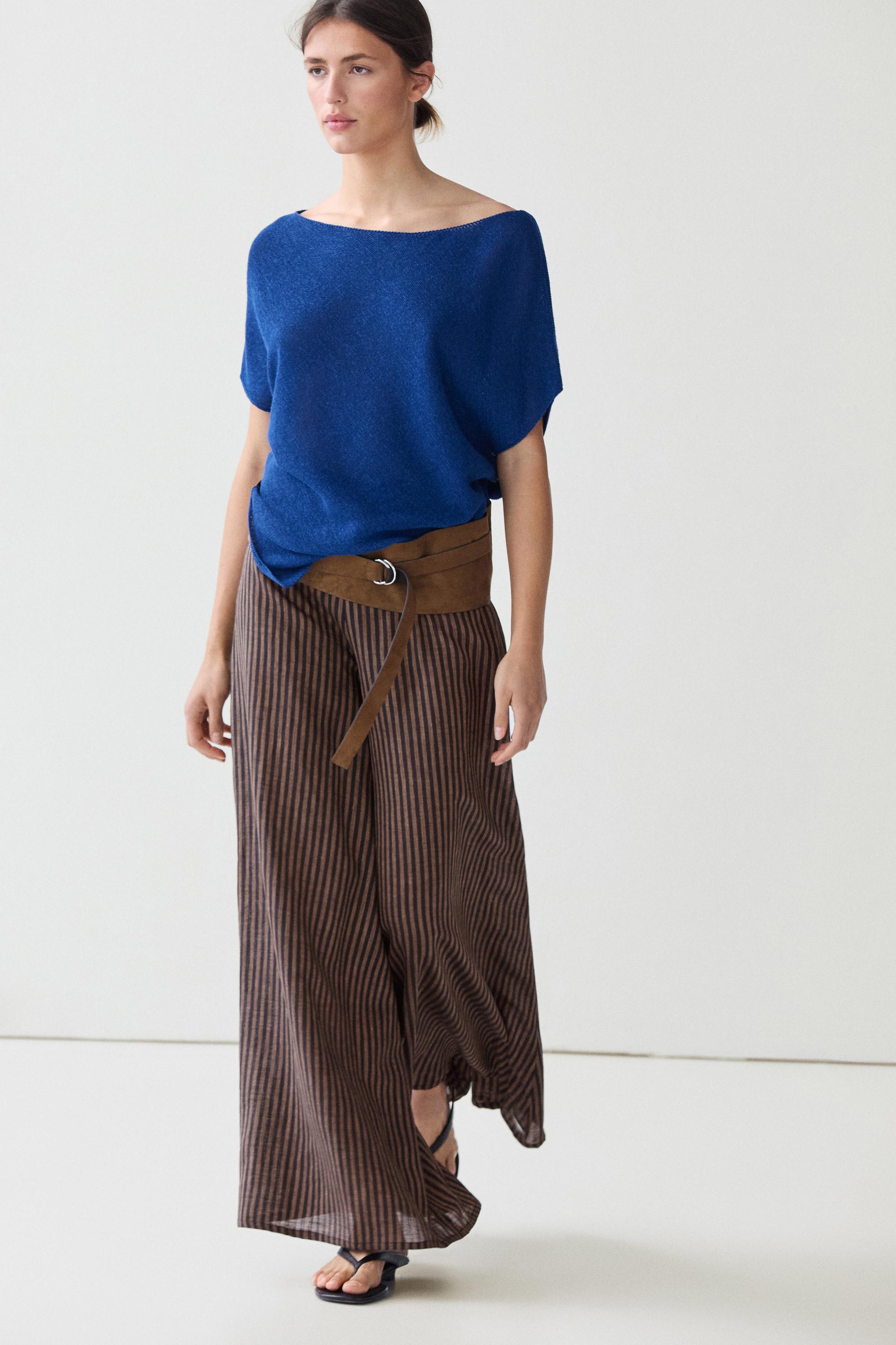 Striped flowing linen blend skort