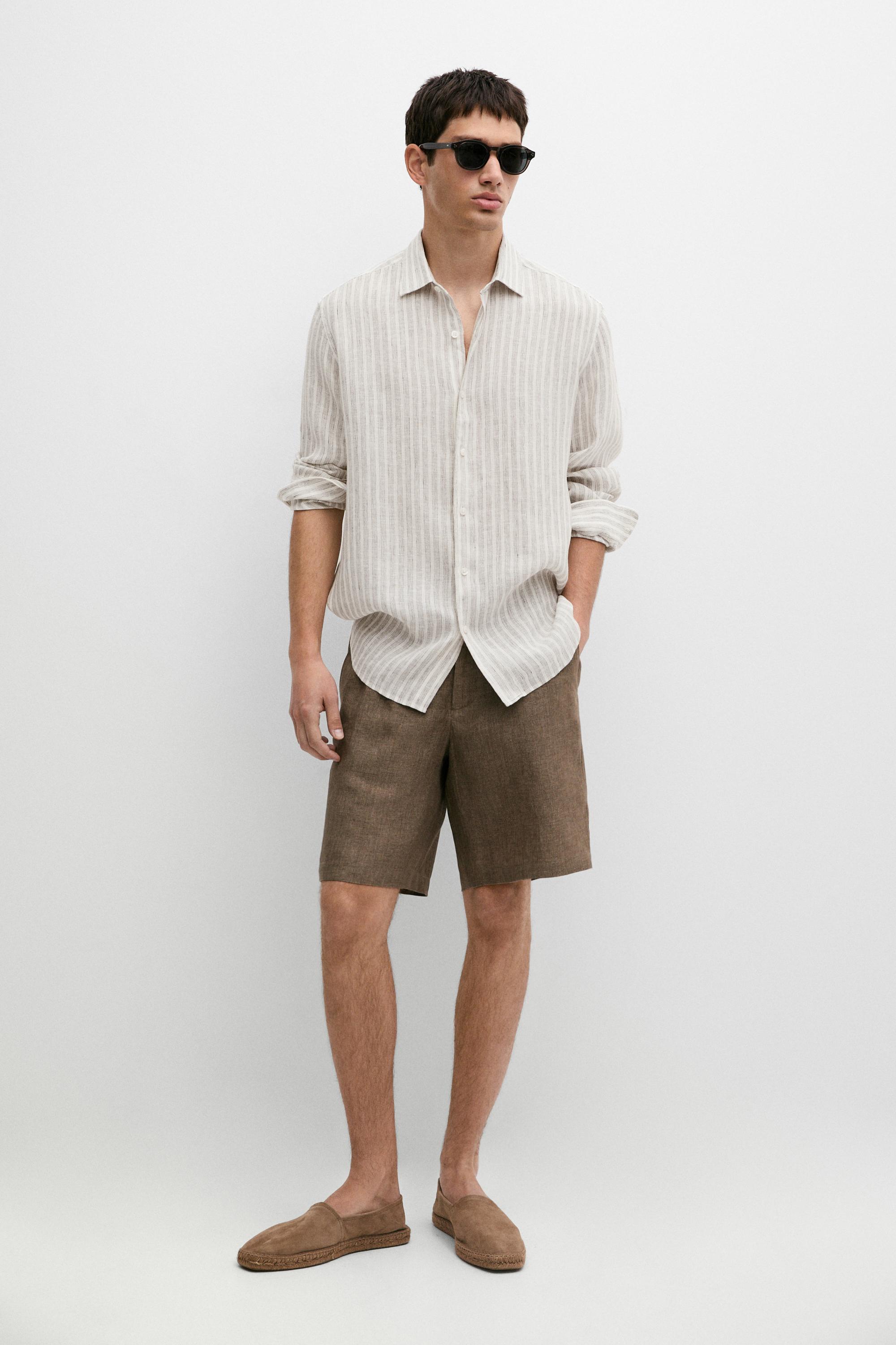 100% linen regular fit striped shirt