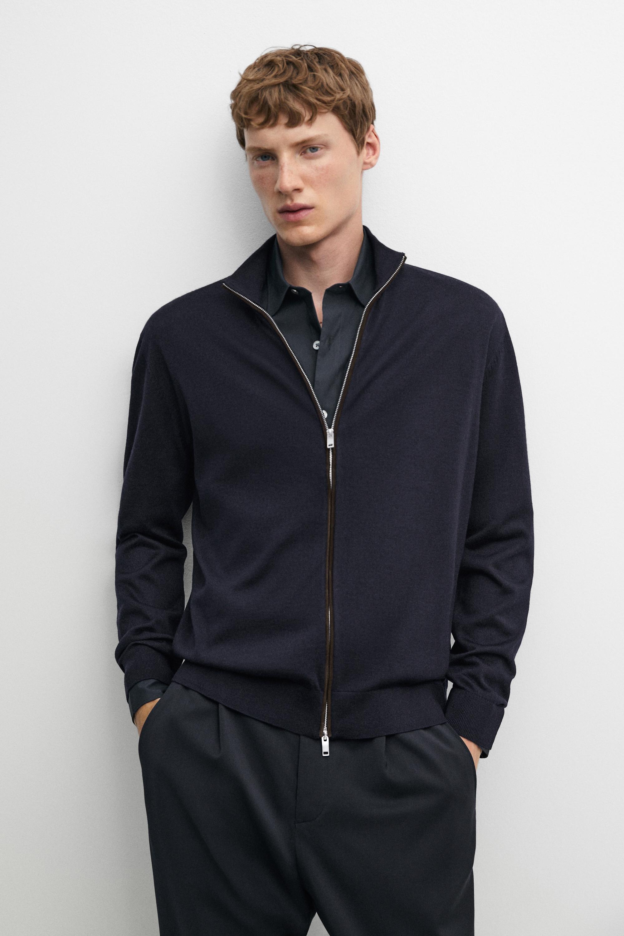 Merino wool blend zip-up knit cardigan