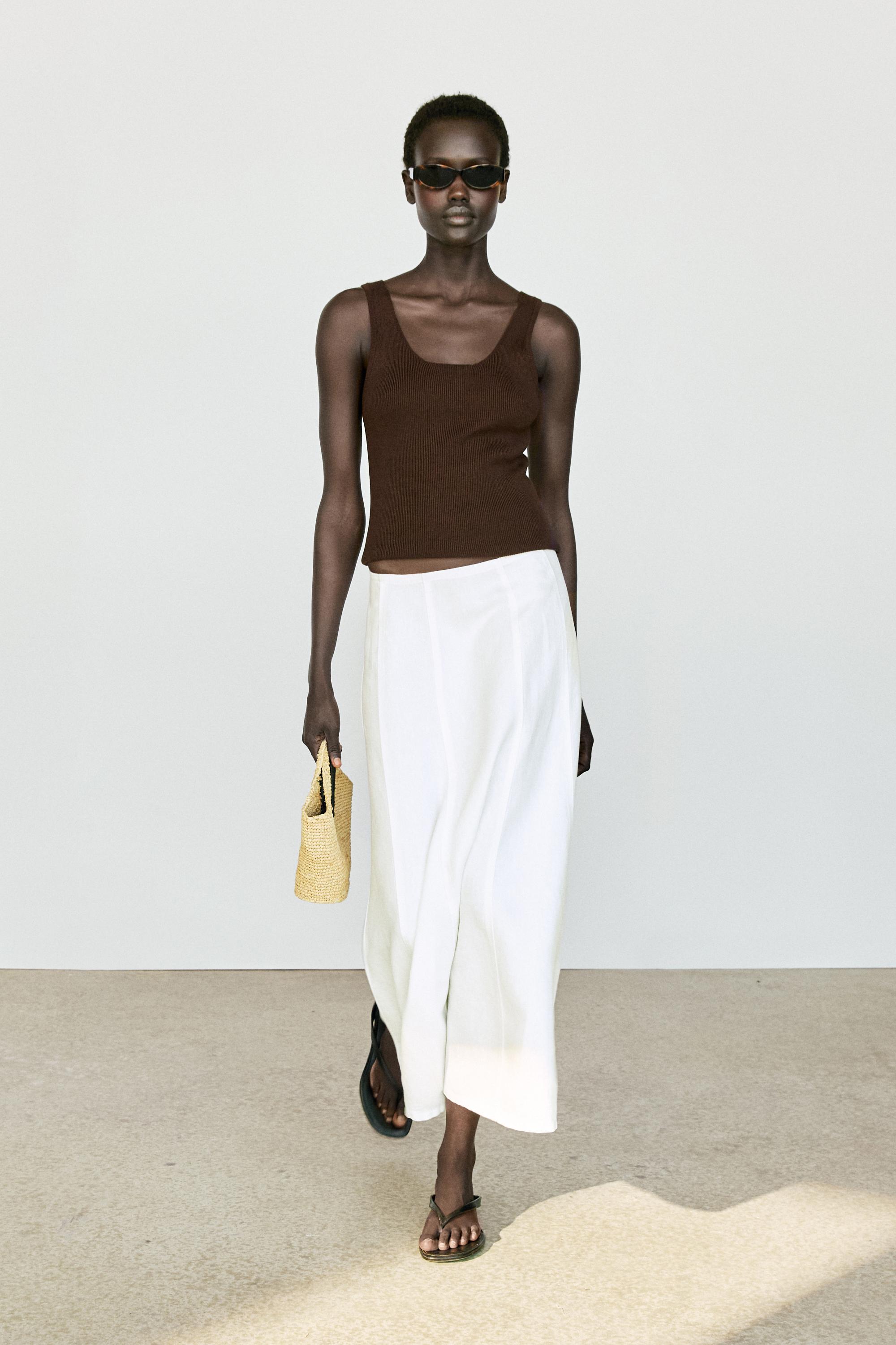 100% linen denim-effect midi skirt