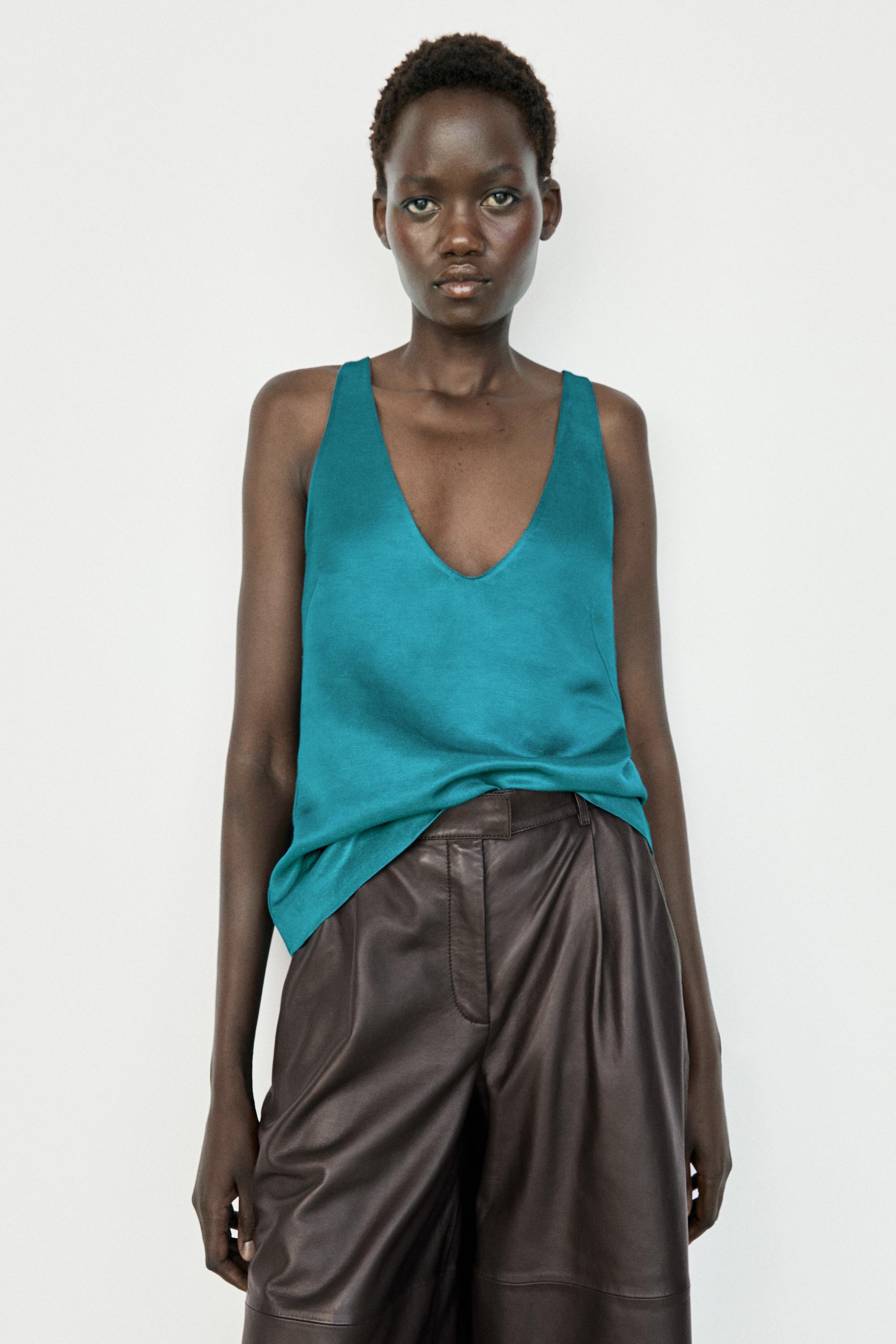 Satin linen blend V-neck top