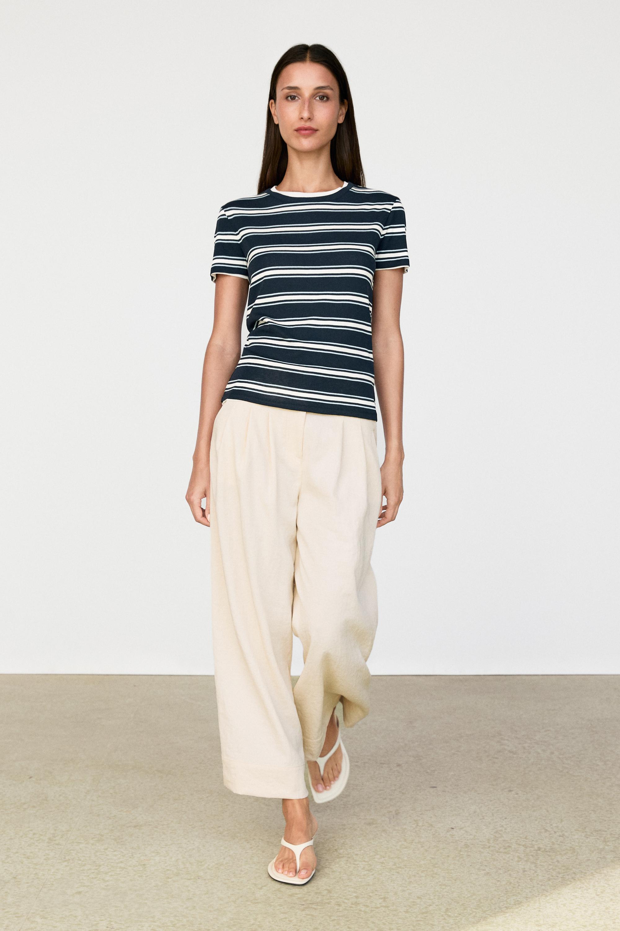 Double-layer striped short sleeve T-shirt