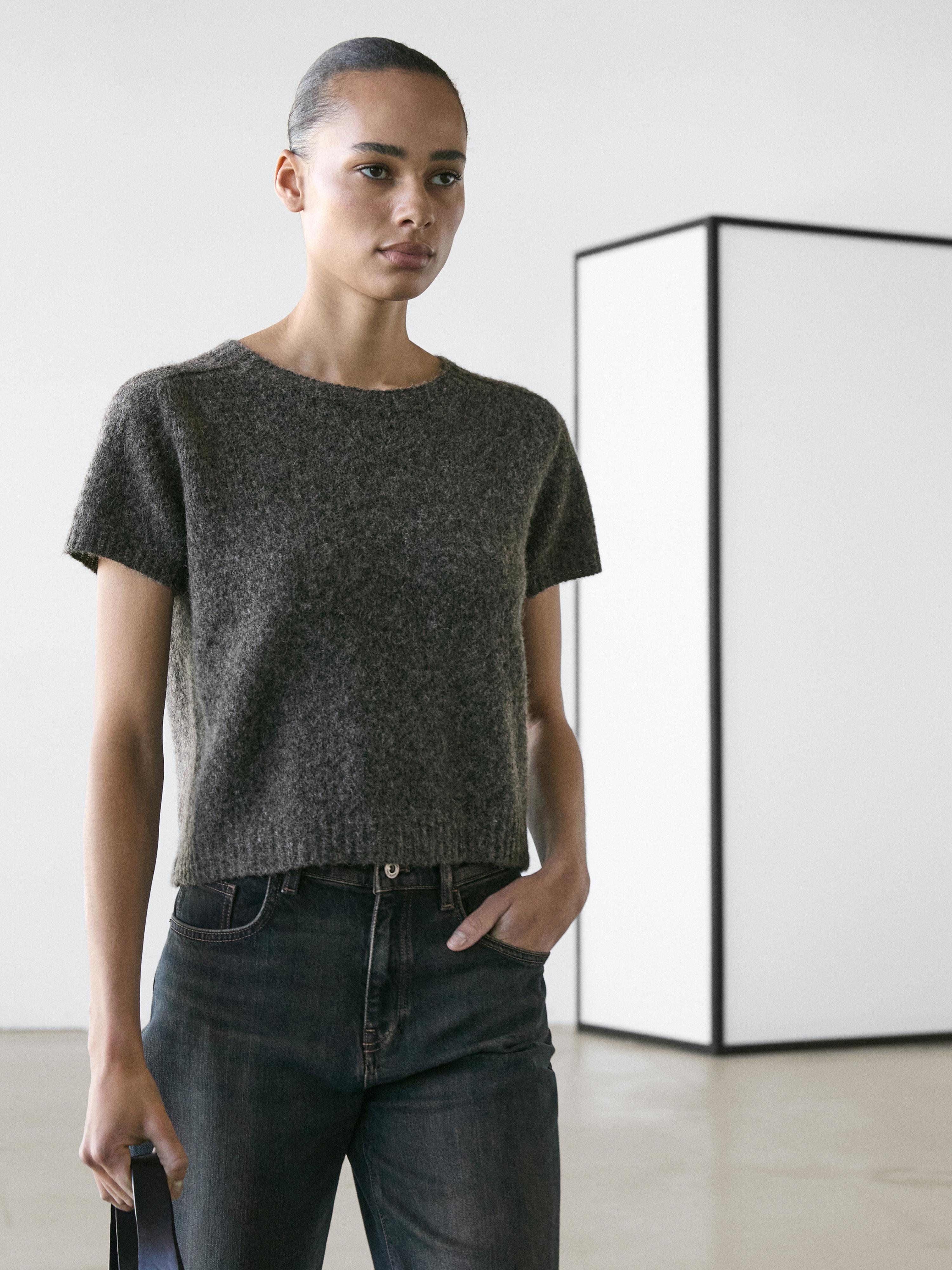 Short knit alpaca wool blend sweater