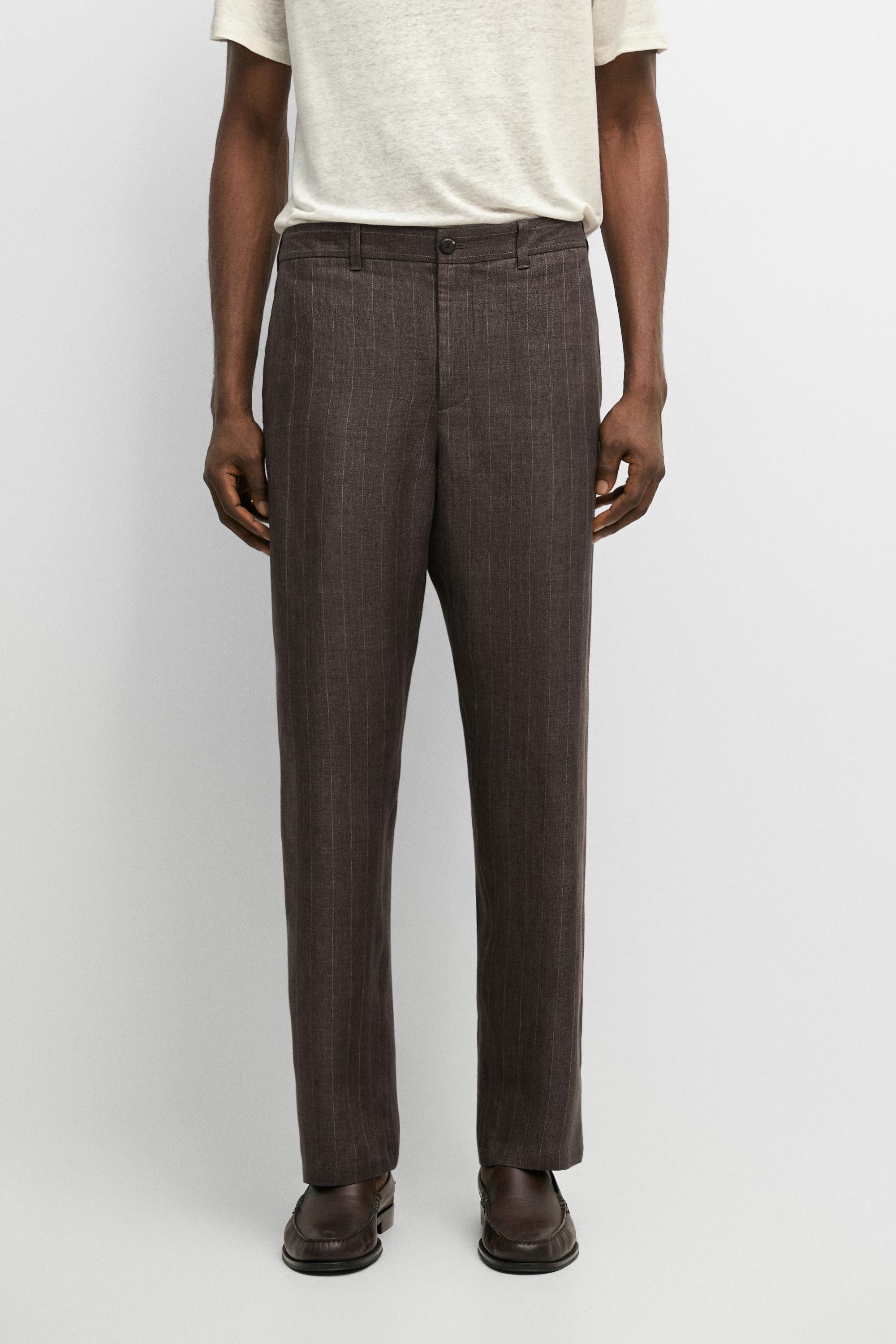 100% linen striped straight-leg pants