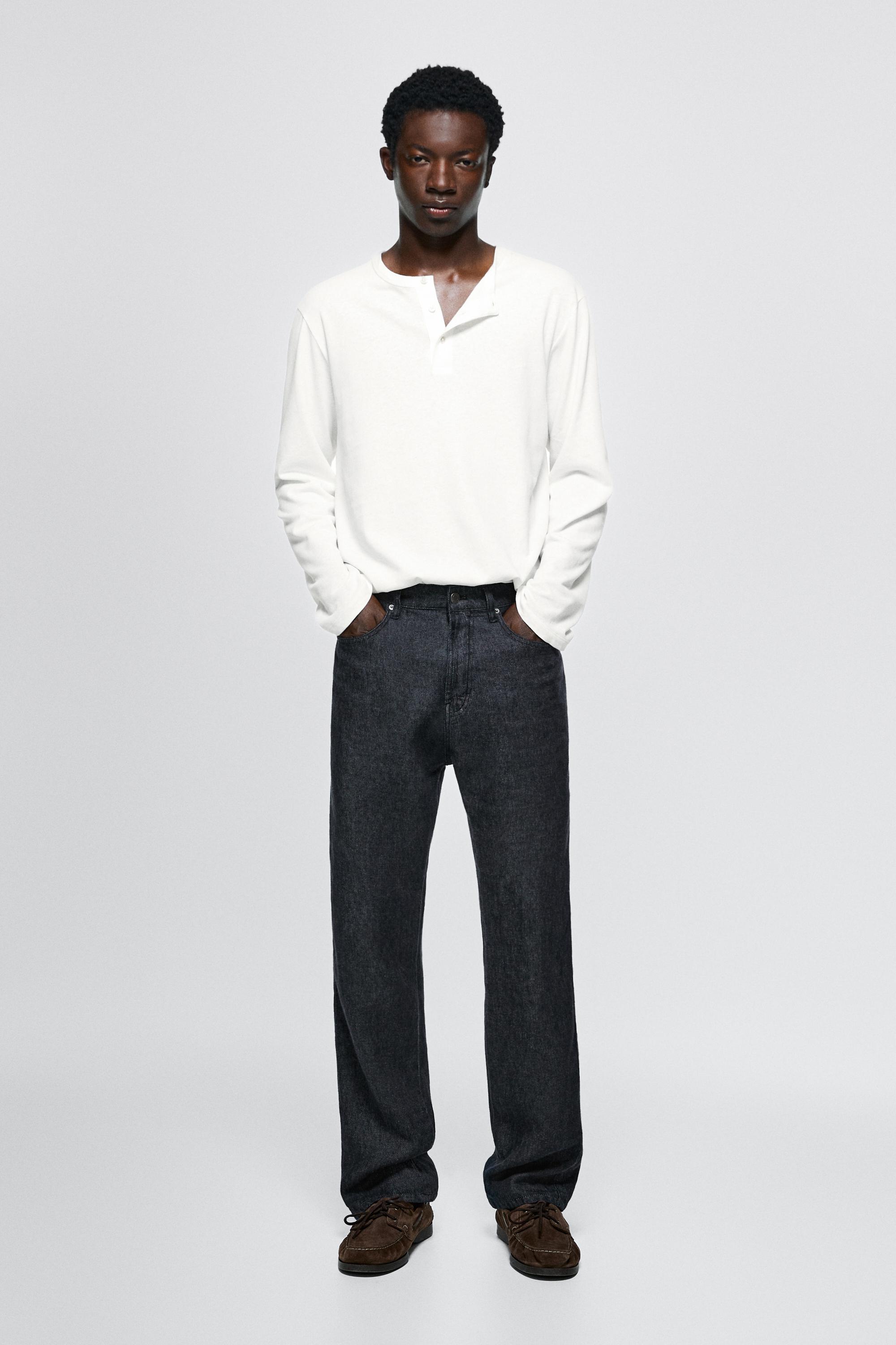 Straight-leg linen denim-effect pants