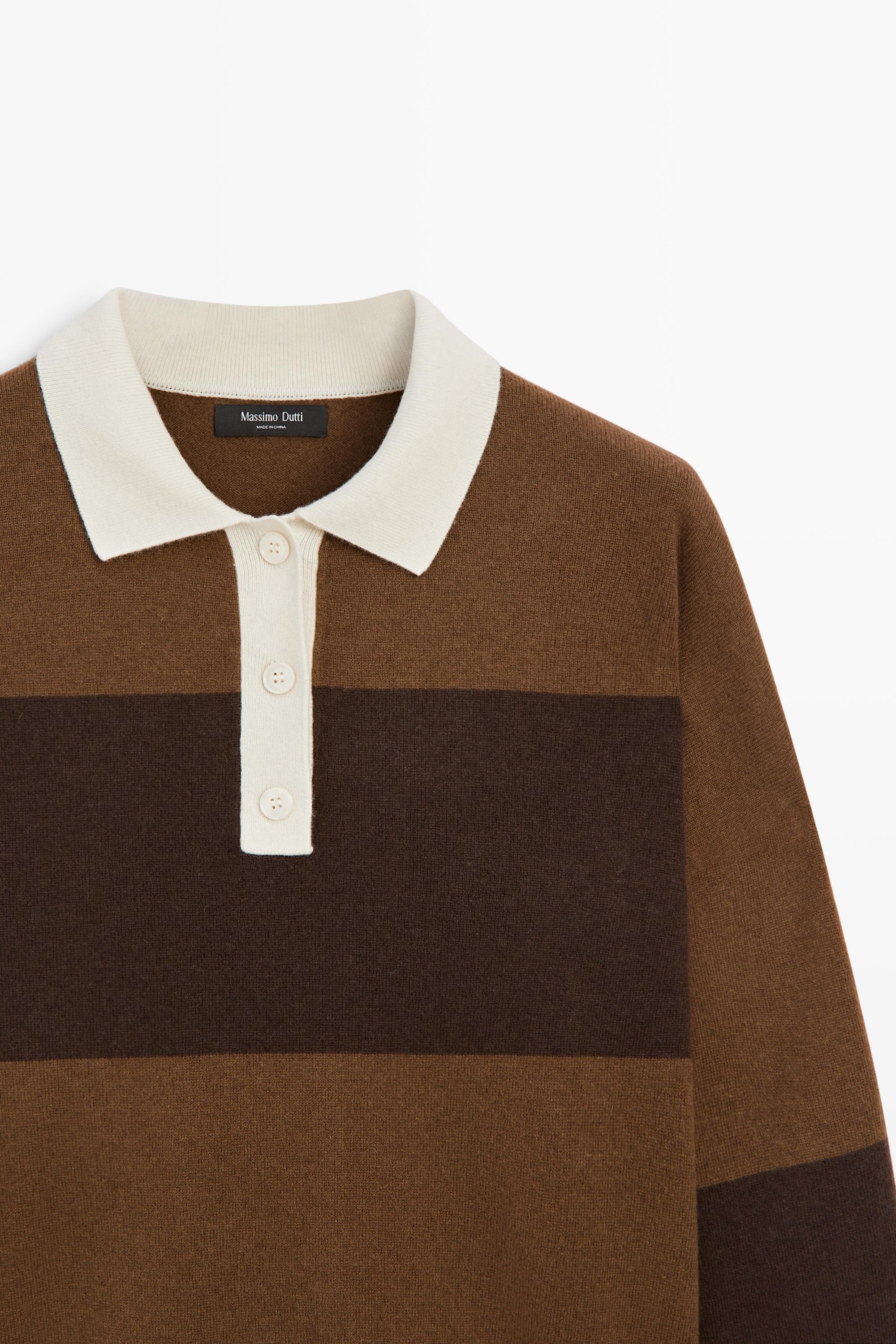 Striped knit sweater with polo collar