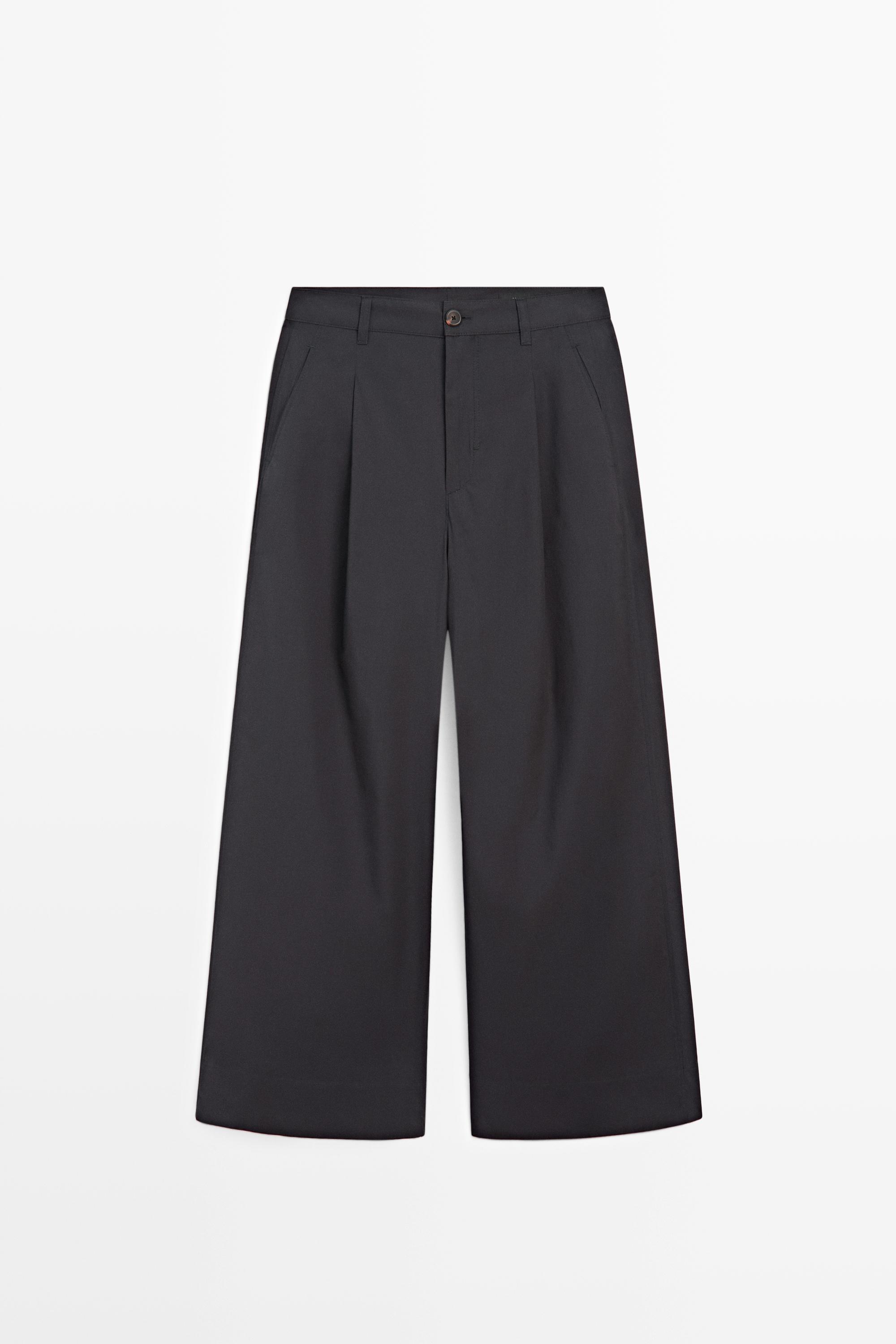 Cotton blend wide-leg pleated trousers