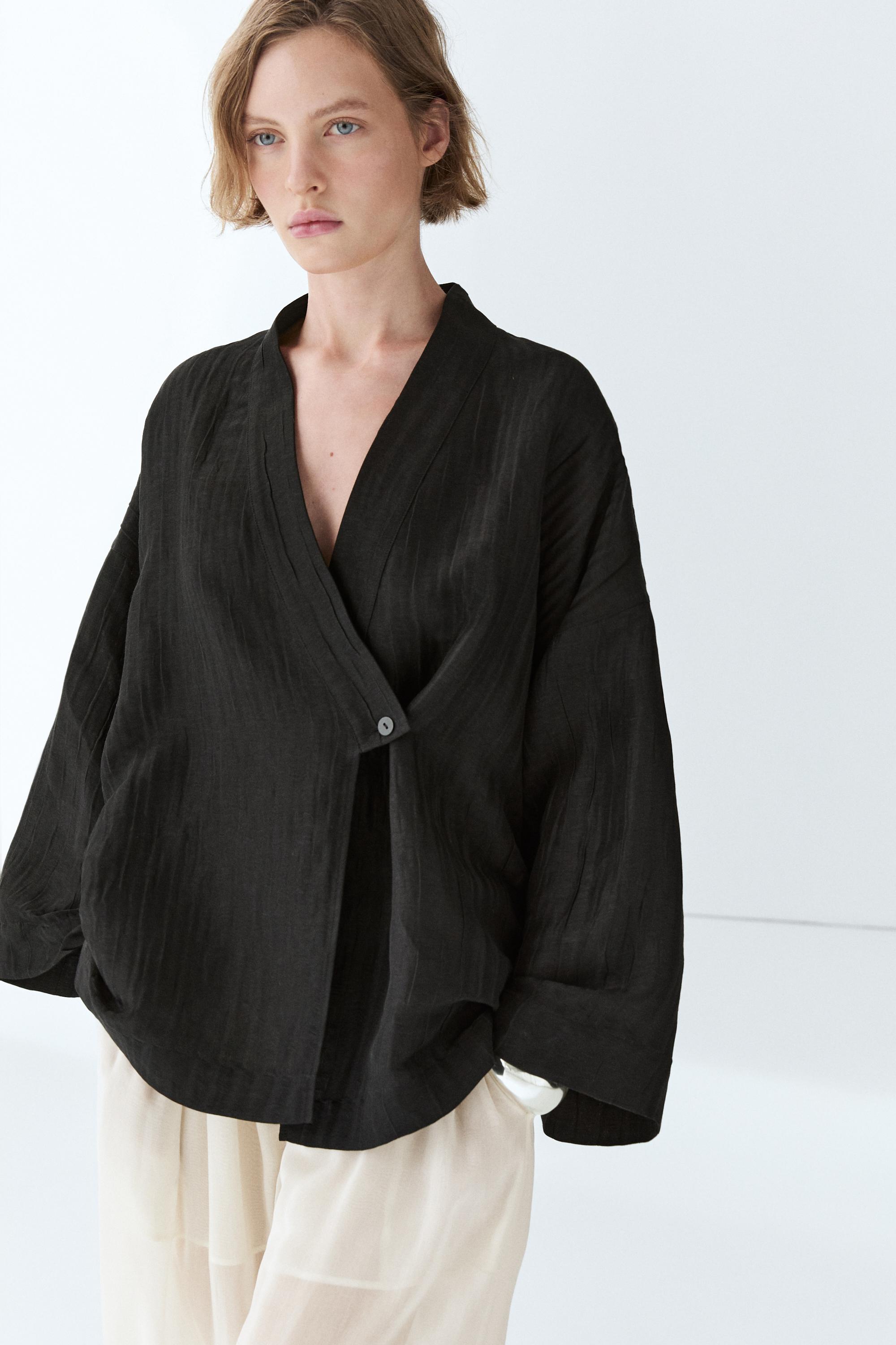 Textured linen blend V-neck kimono