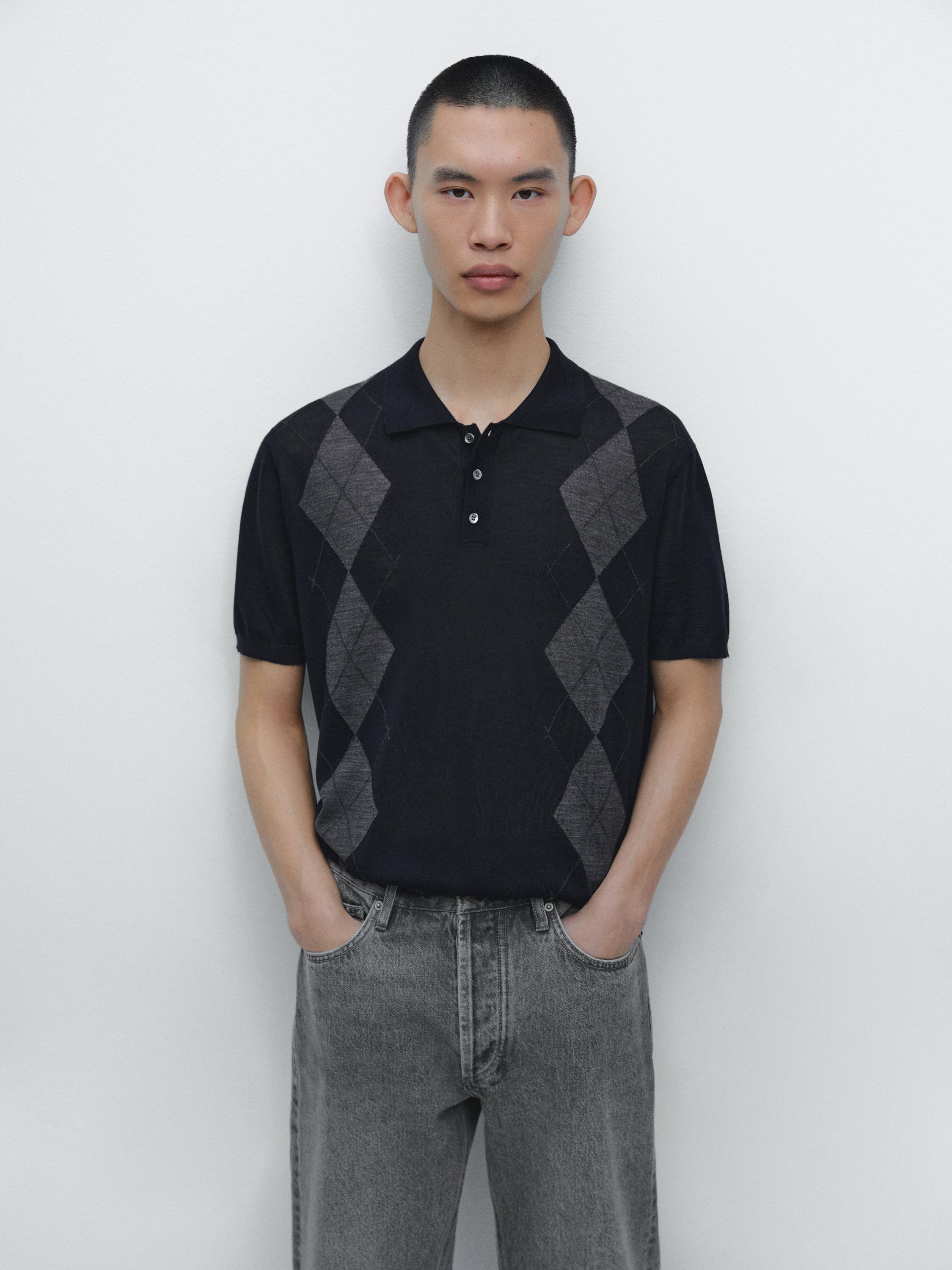 Merino wool blend argyle knit polo sweater