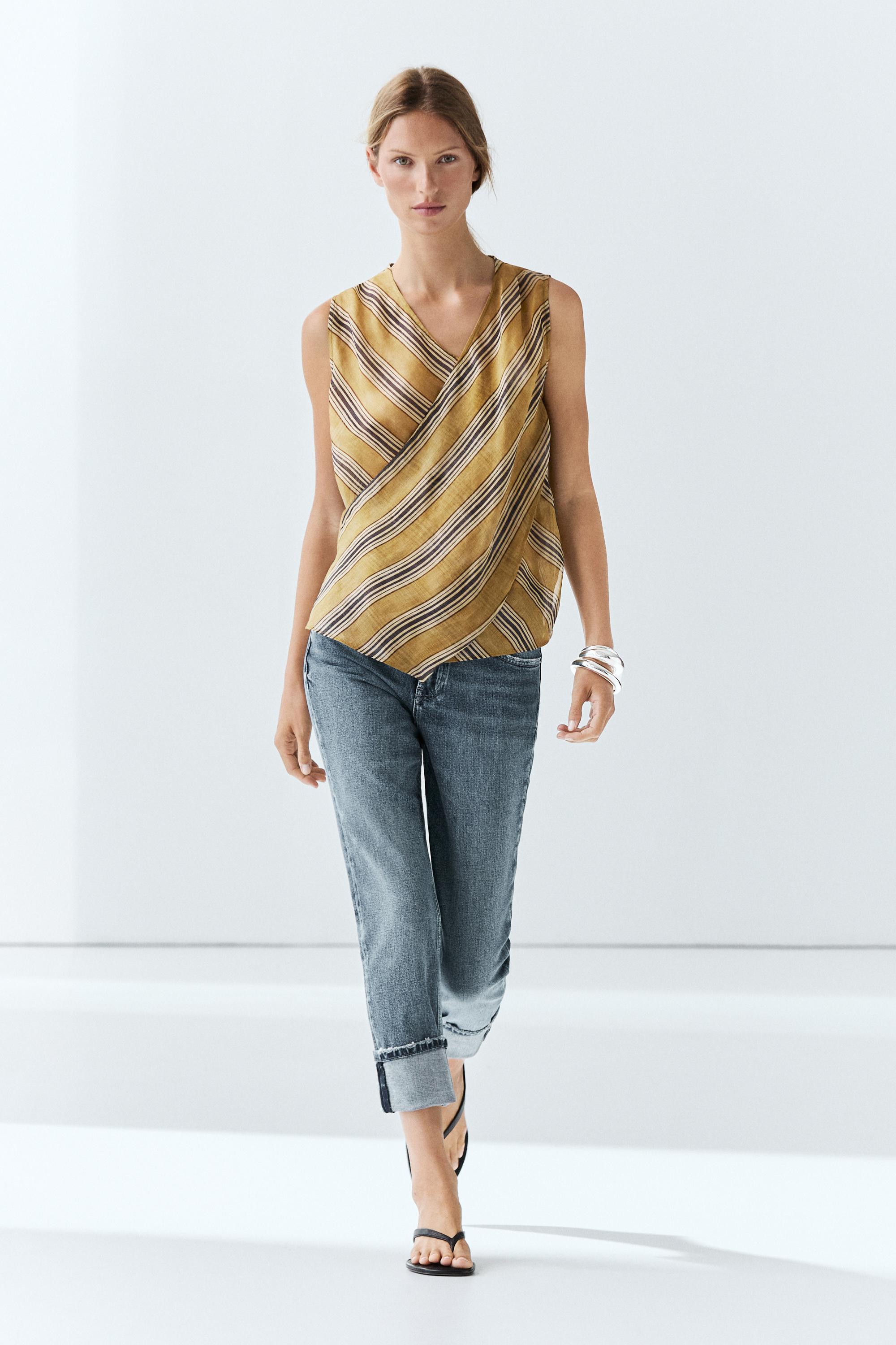 Flowing striped ramie blend wrap top