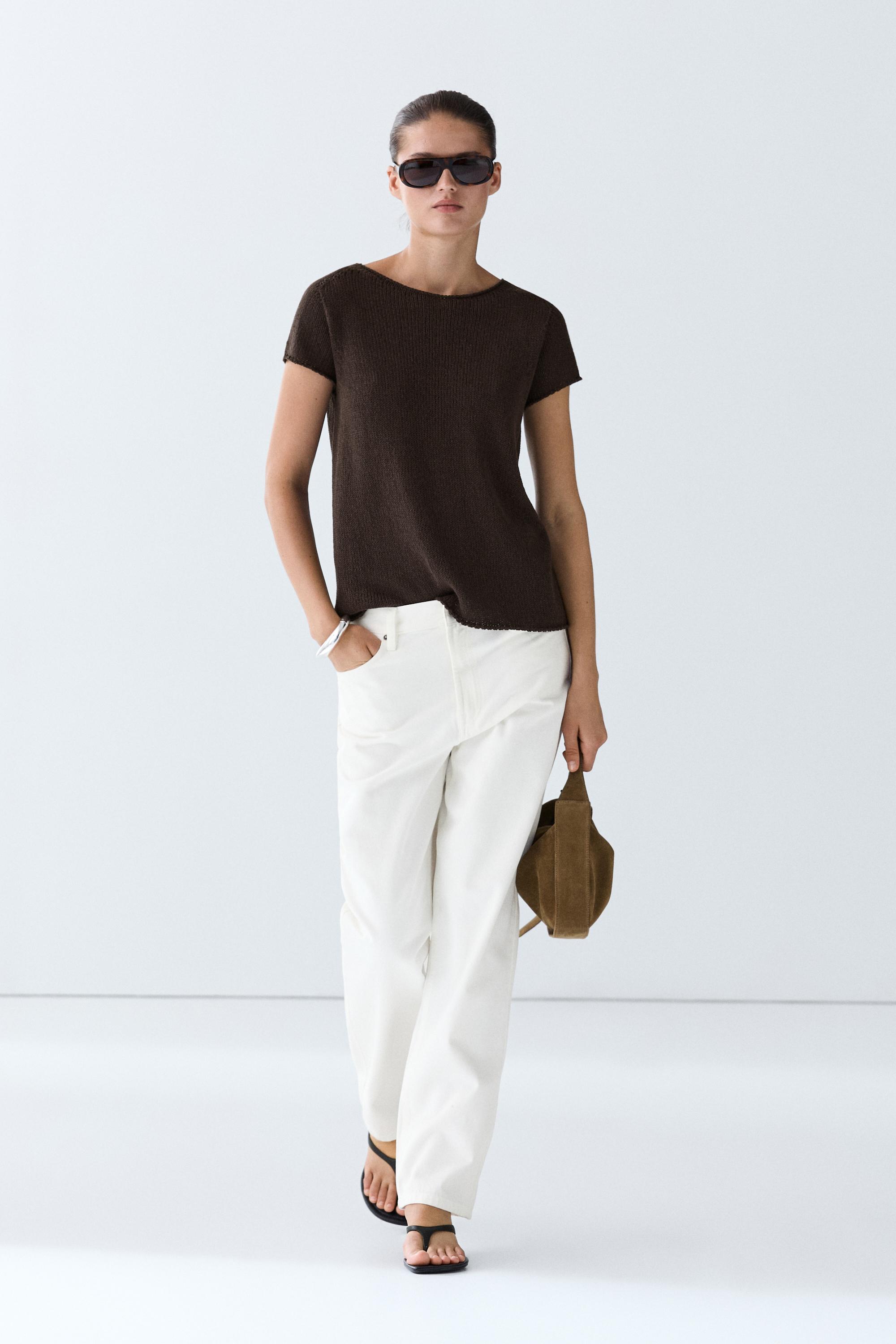 Cotton blend short sleeve knit sweater